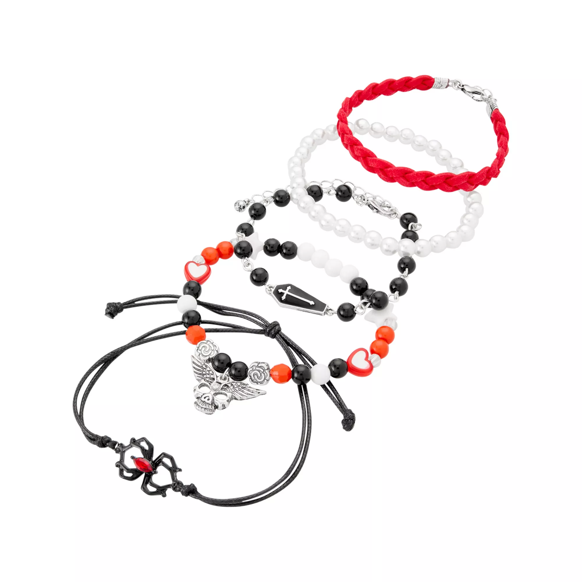 Multi-Pack Black and Red Gothic Charm Mixed Bracelets - 5 Pack