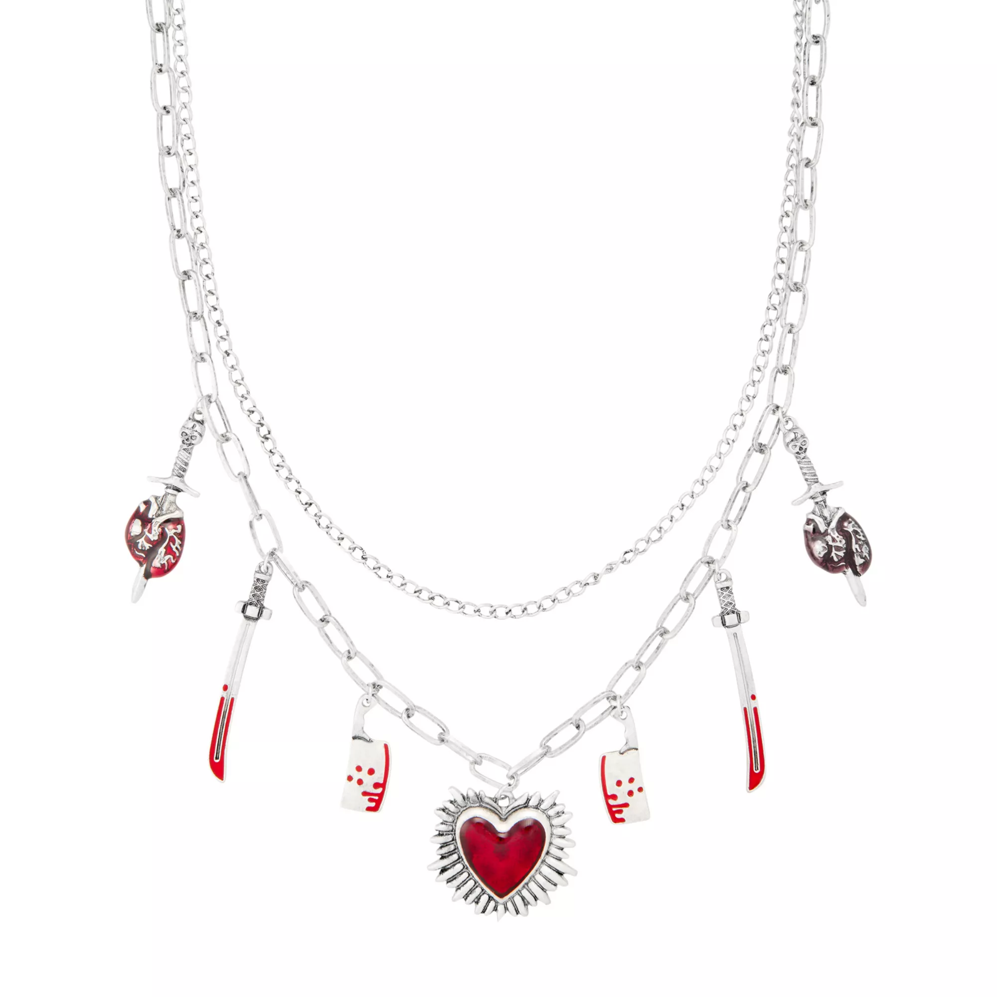 Silver-Tone Red Heart Knife Charm Necklace