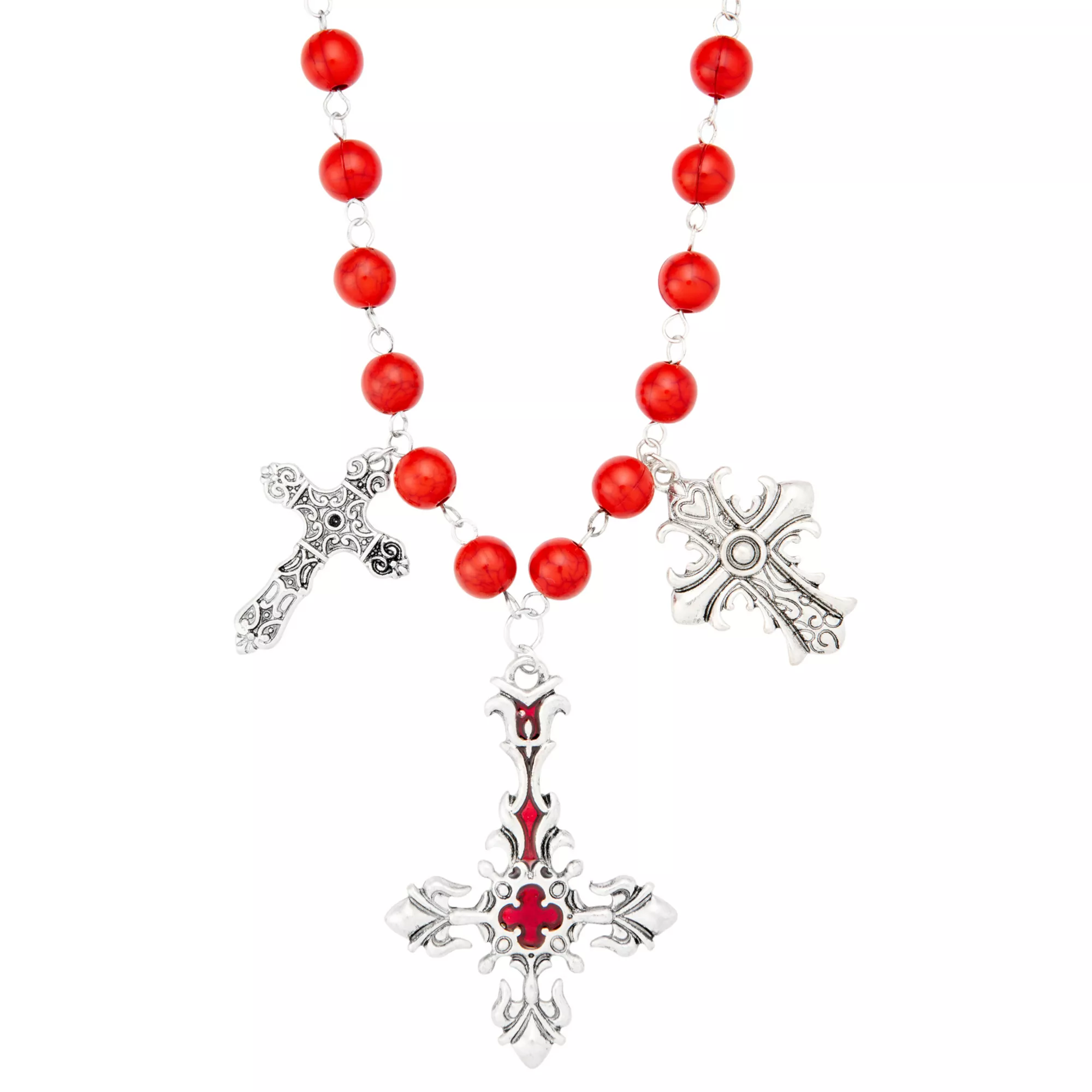 Silver-Tone Red Beaded Cross Necklace