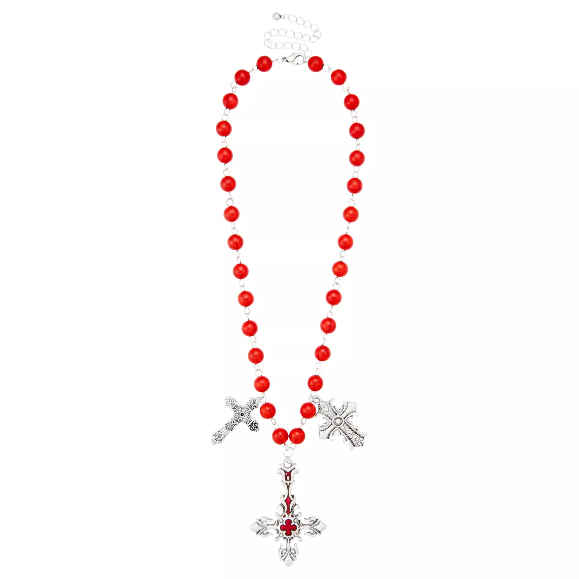 Silver-Tone Red Beaded Cross Necklace