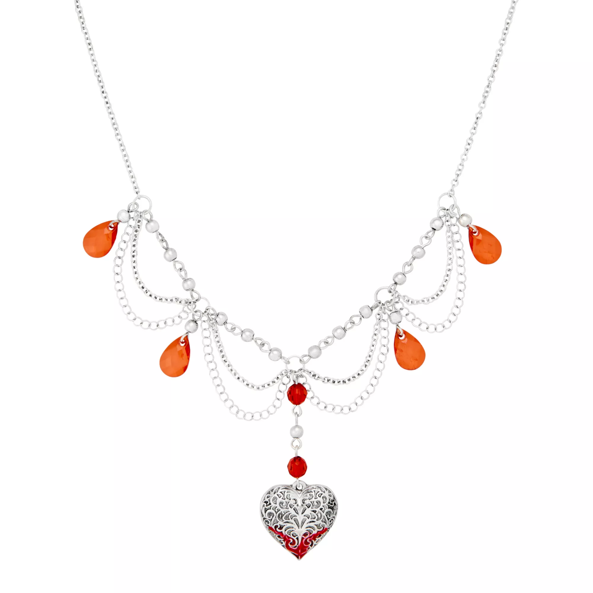 Silver-Tone Red Gem Heart Drop Chain Necklace