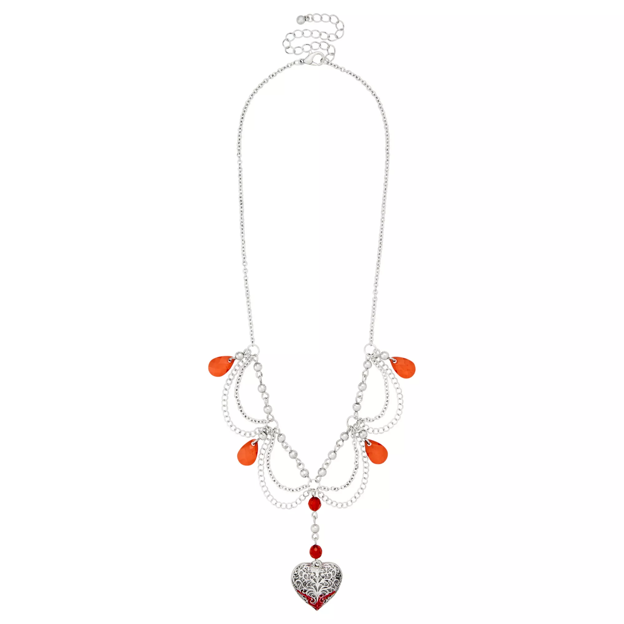 Silver-Tone Red Gem Heart Drop Chain Necklace
