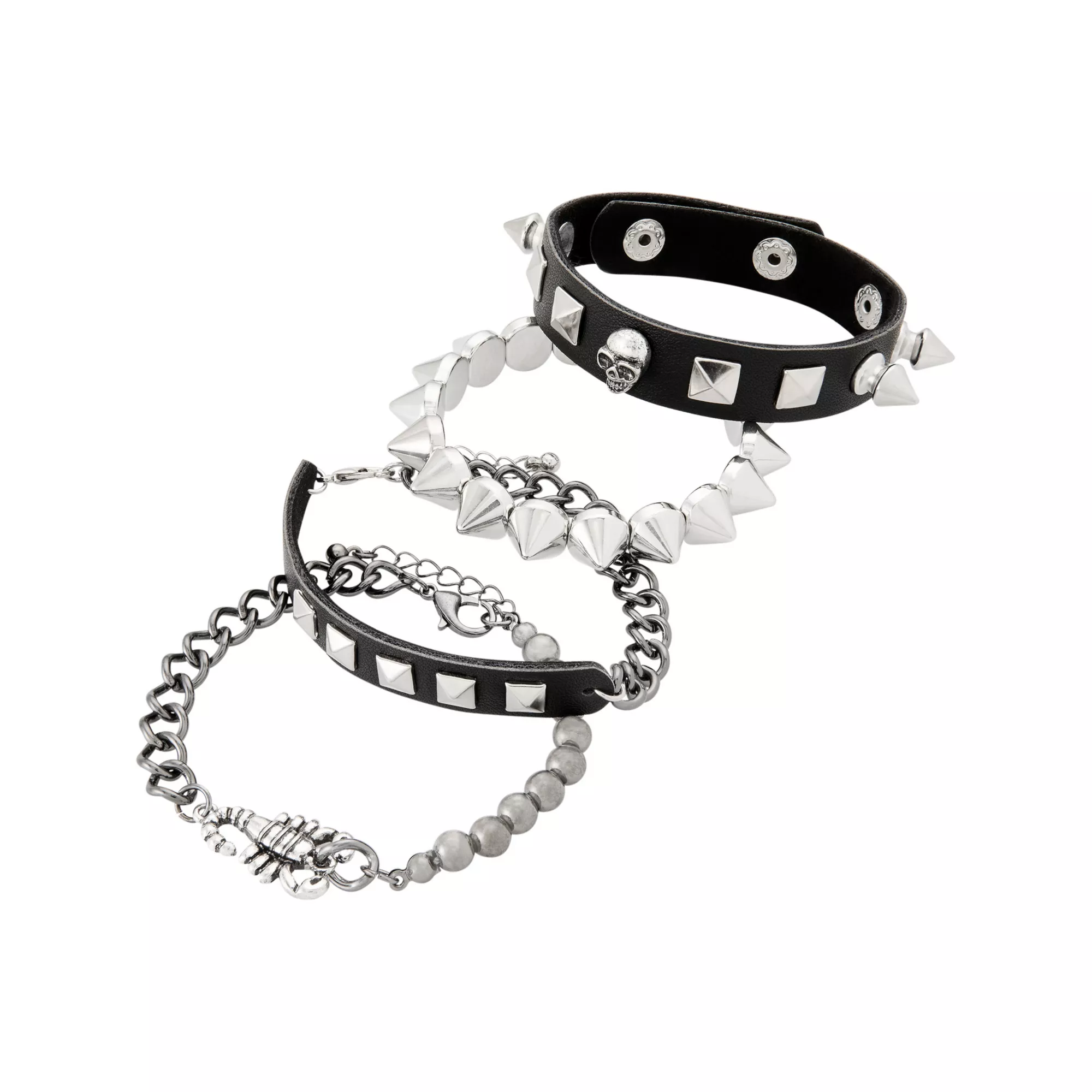 Multi-Pack Spiked Scorpion and Skull Stud Silver-Tone Bracelets - 4 Pack