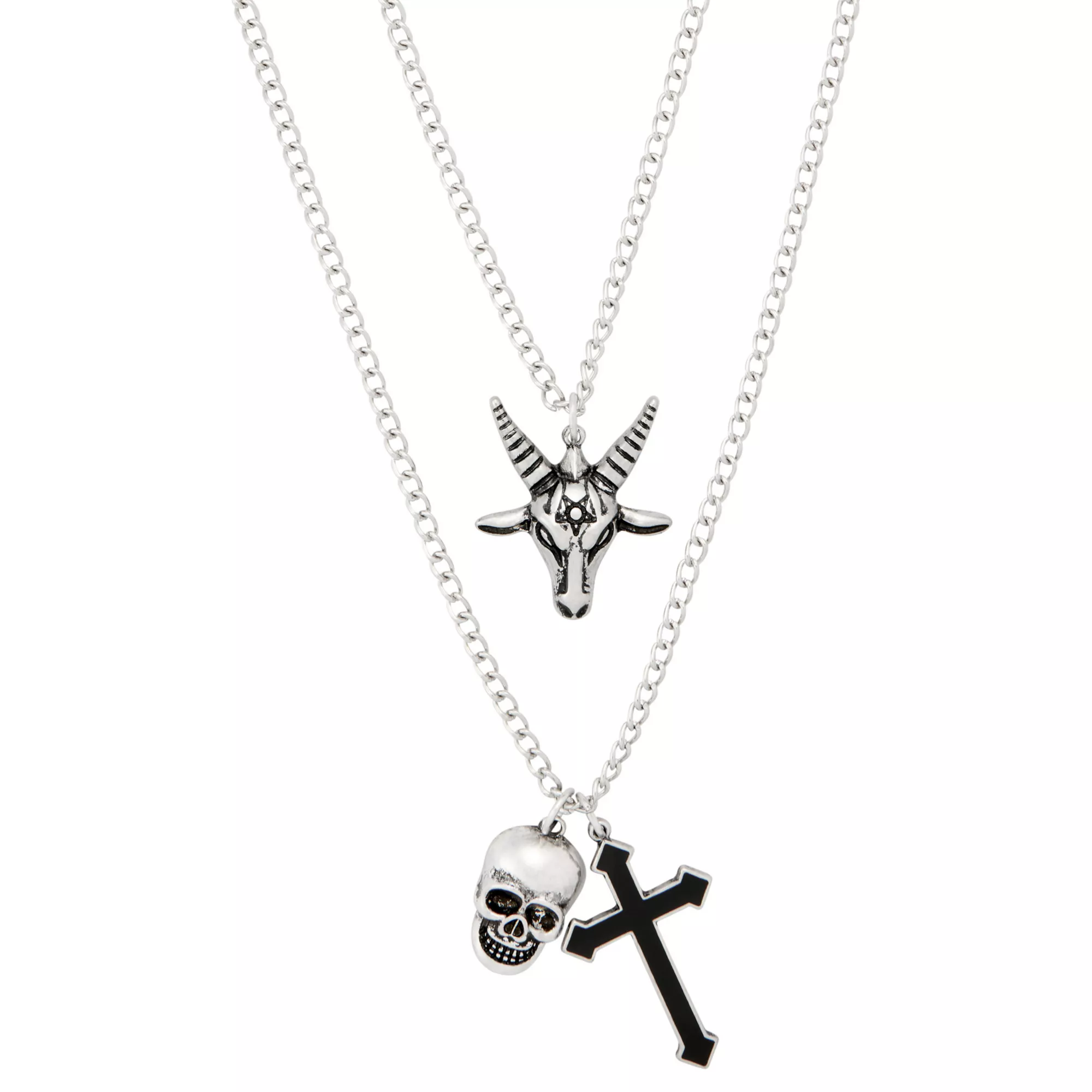 Black & Silver-Tone Ram Skull Cross Layered Necklace
