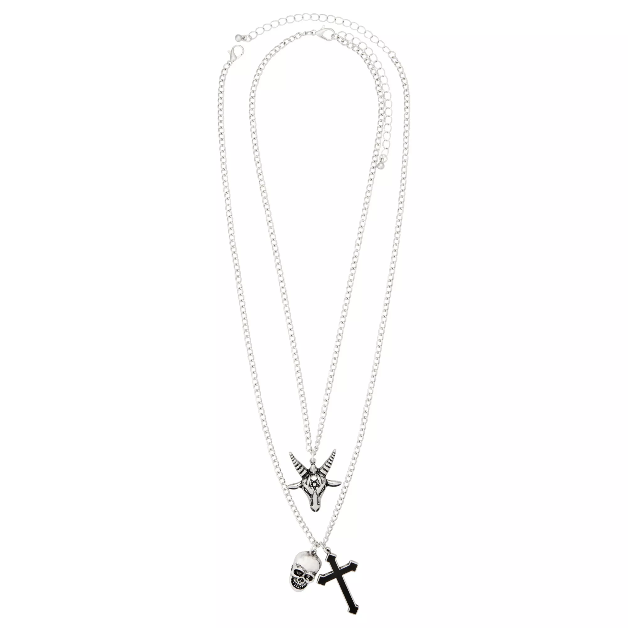 Black & Silver-Tone Ram Skull Cross Layered Necklace
