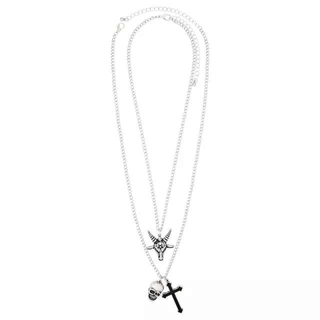 Black & Silver-Tone Ram Skull Cross Layered Necklace at Spencer's
