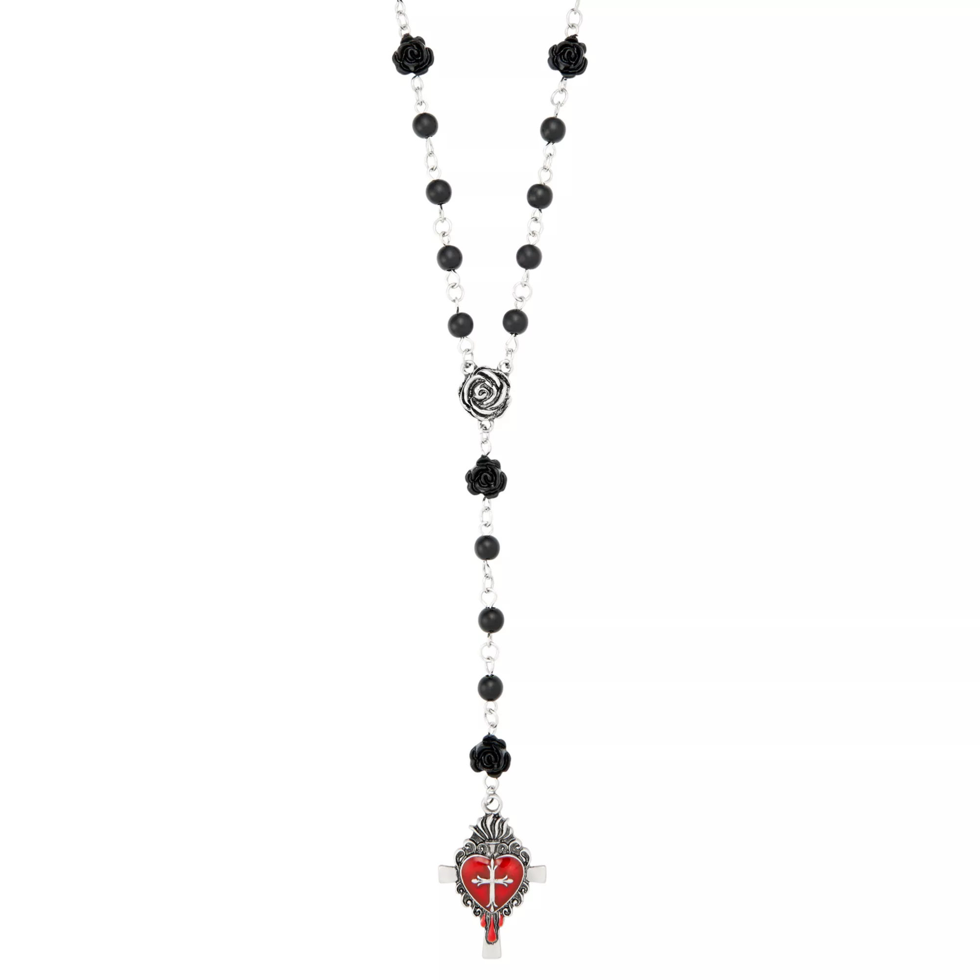 Red Heart Cross Rosary Necklace