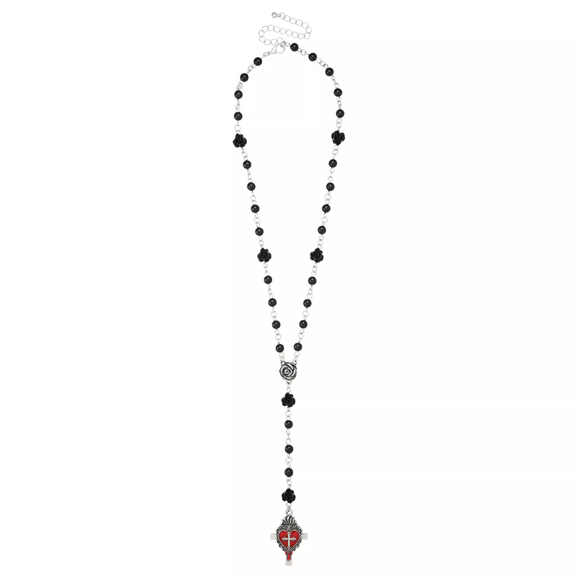 Red Heart Cross Rosary Necklace