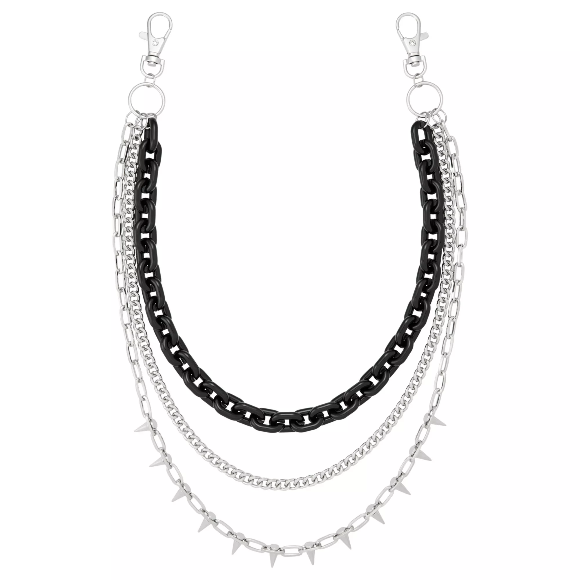 Black and Silver-Tone Spiked 3-Row Link Wallet Chain