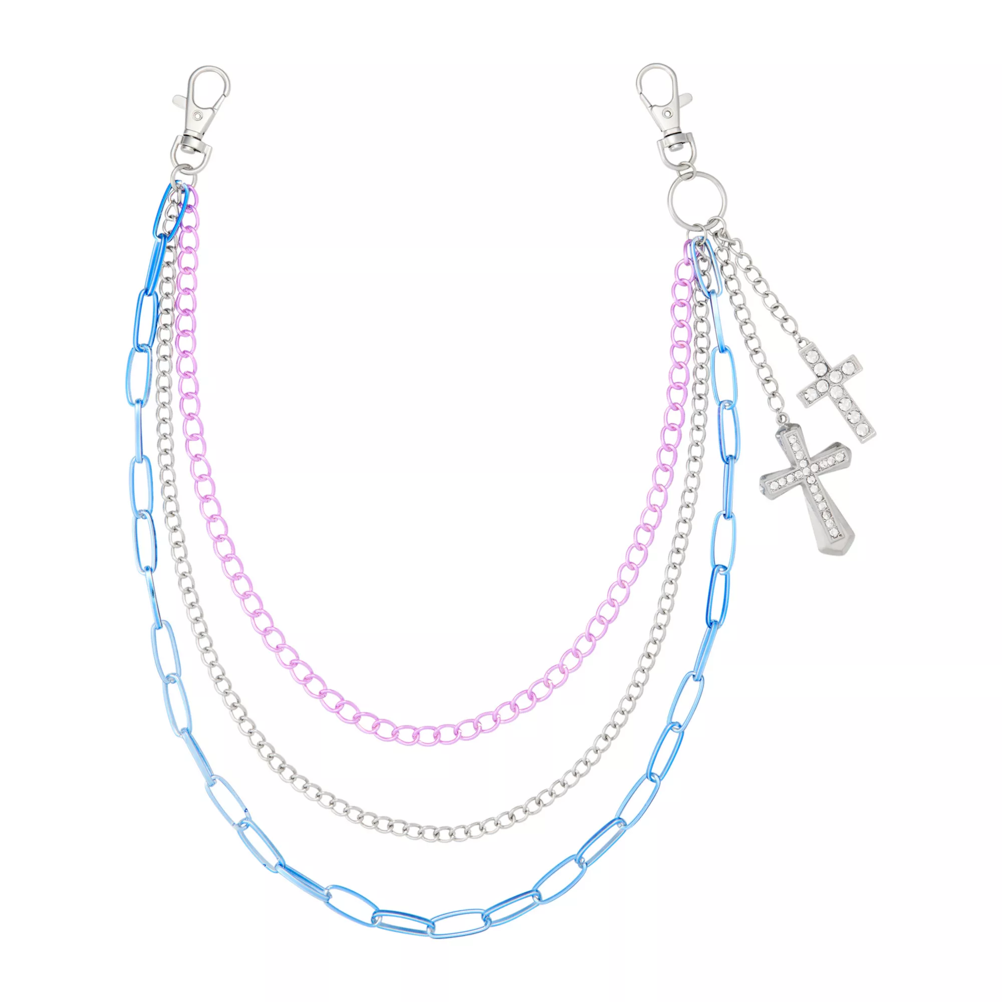 Blue Purple and Silver-Tone 3-Row Cross Wallet Chain