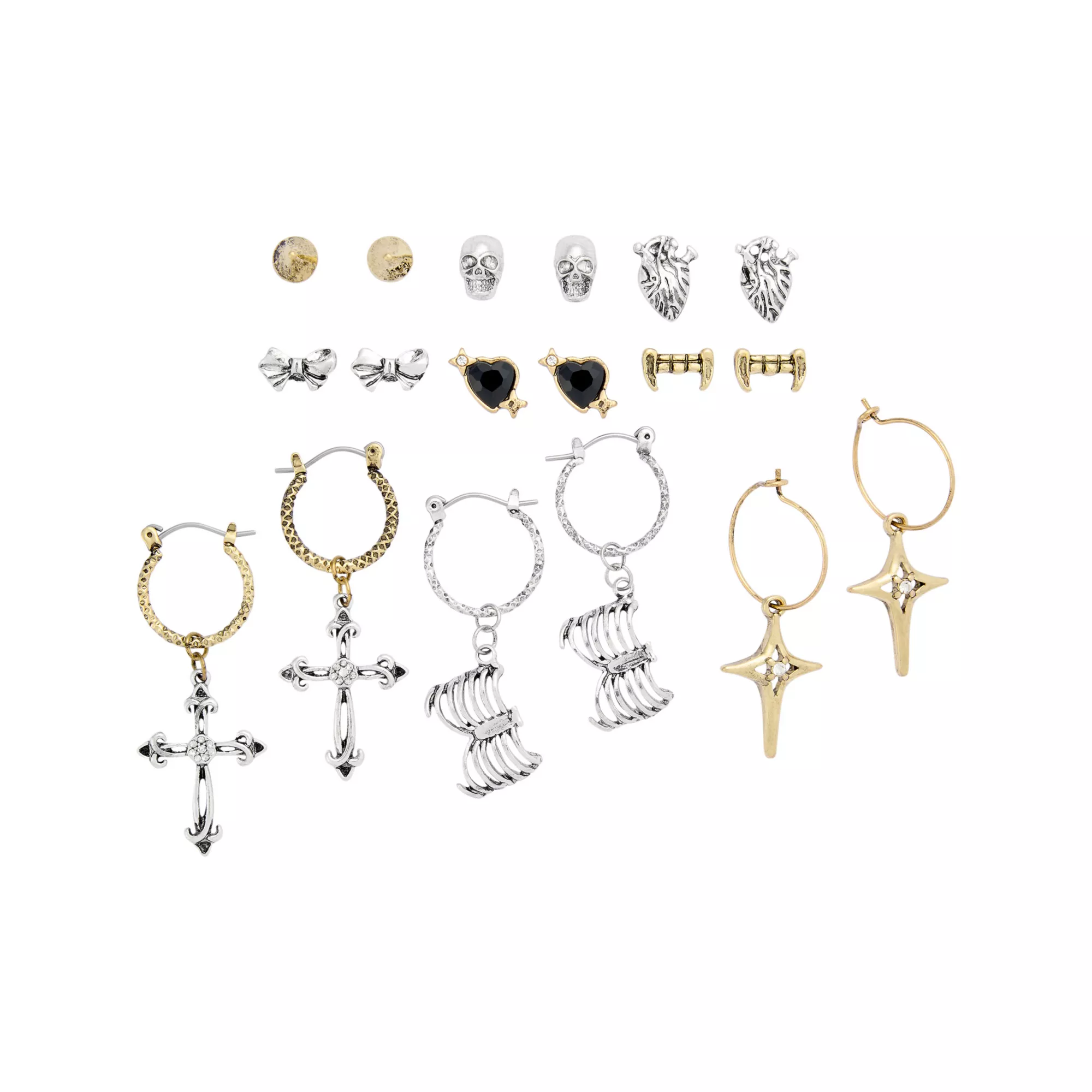 Multi-Pack Gothic Cross & Rib Cage Earrings - 9 Pair