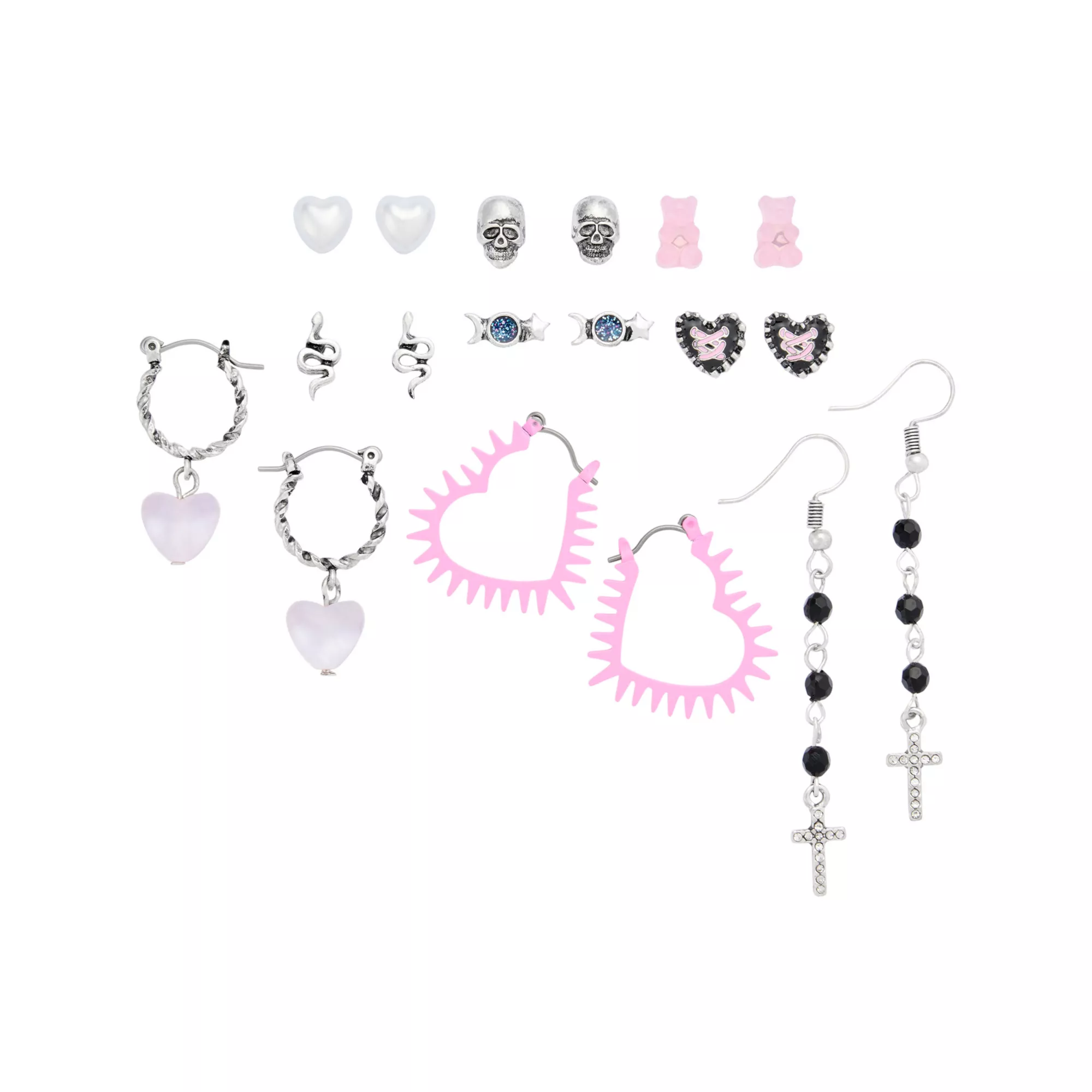 Multi-Pack Pink Heart Cross Bear Earrings - 9 Pair