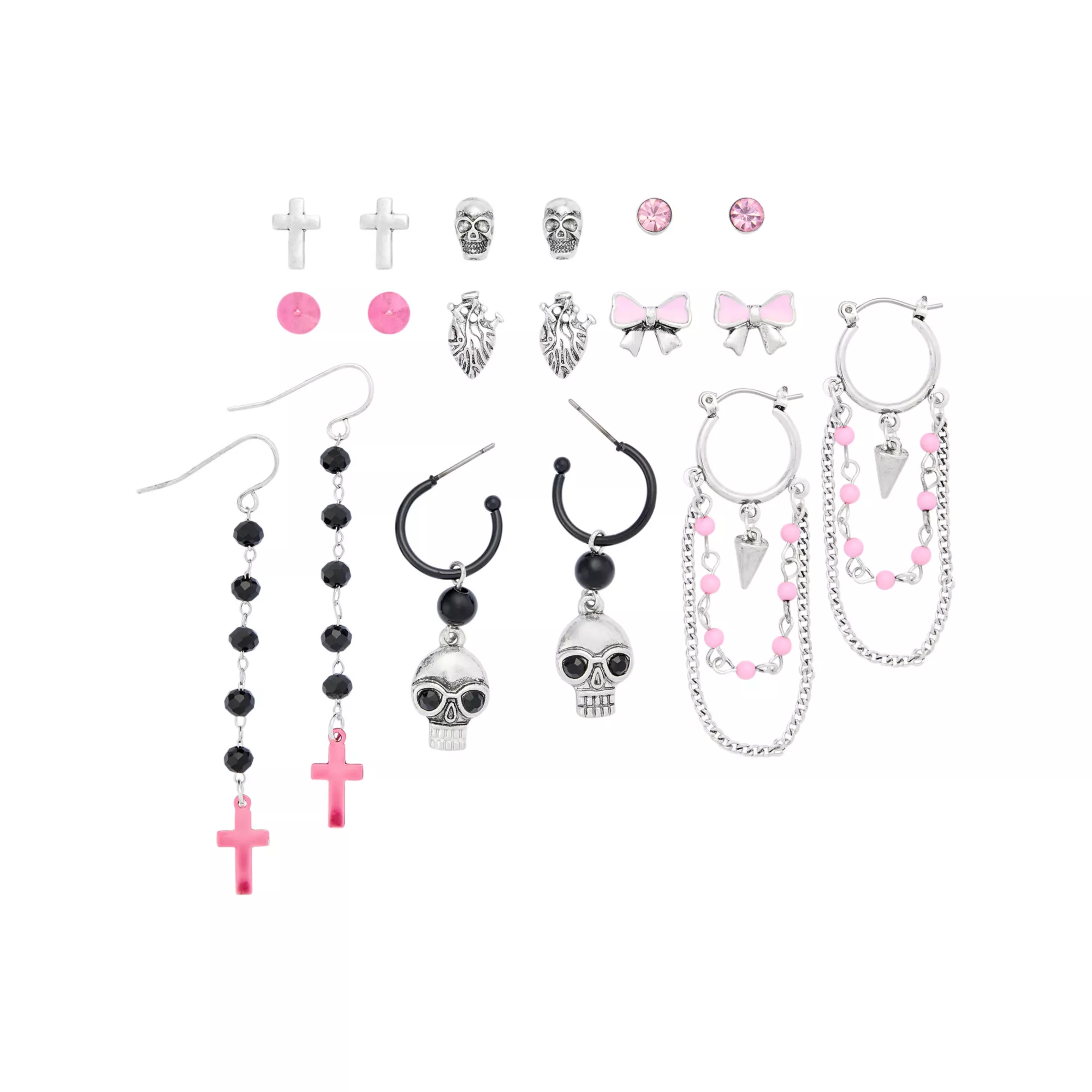 Multi-Pack Pink Skull Cross Earrings - 9 Pair