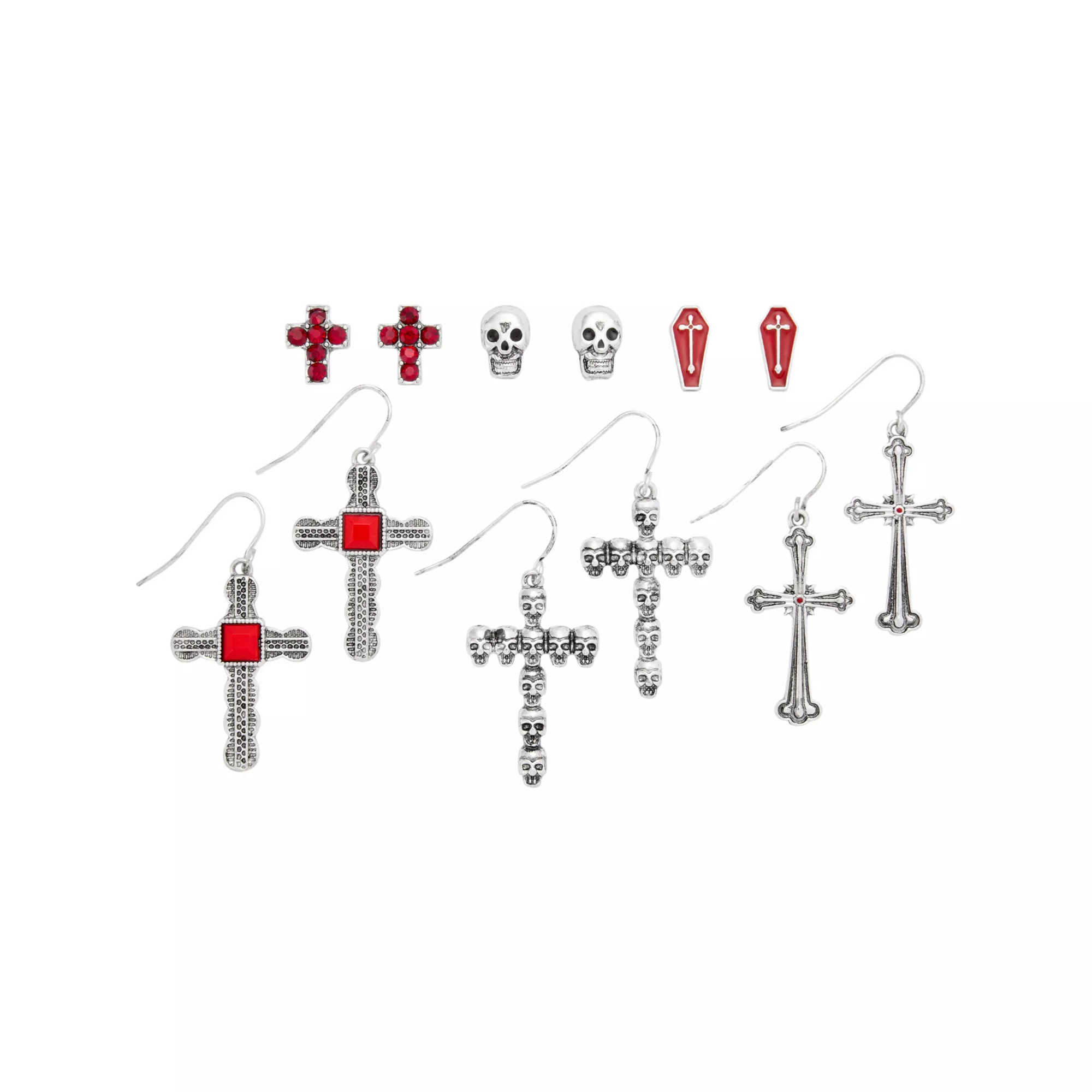 Multi-Pack Red Skull Cross Coffin Earrings - 6 Pair