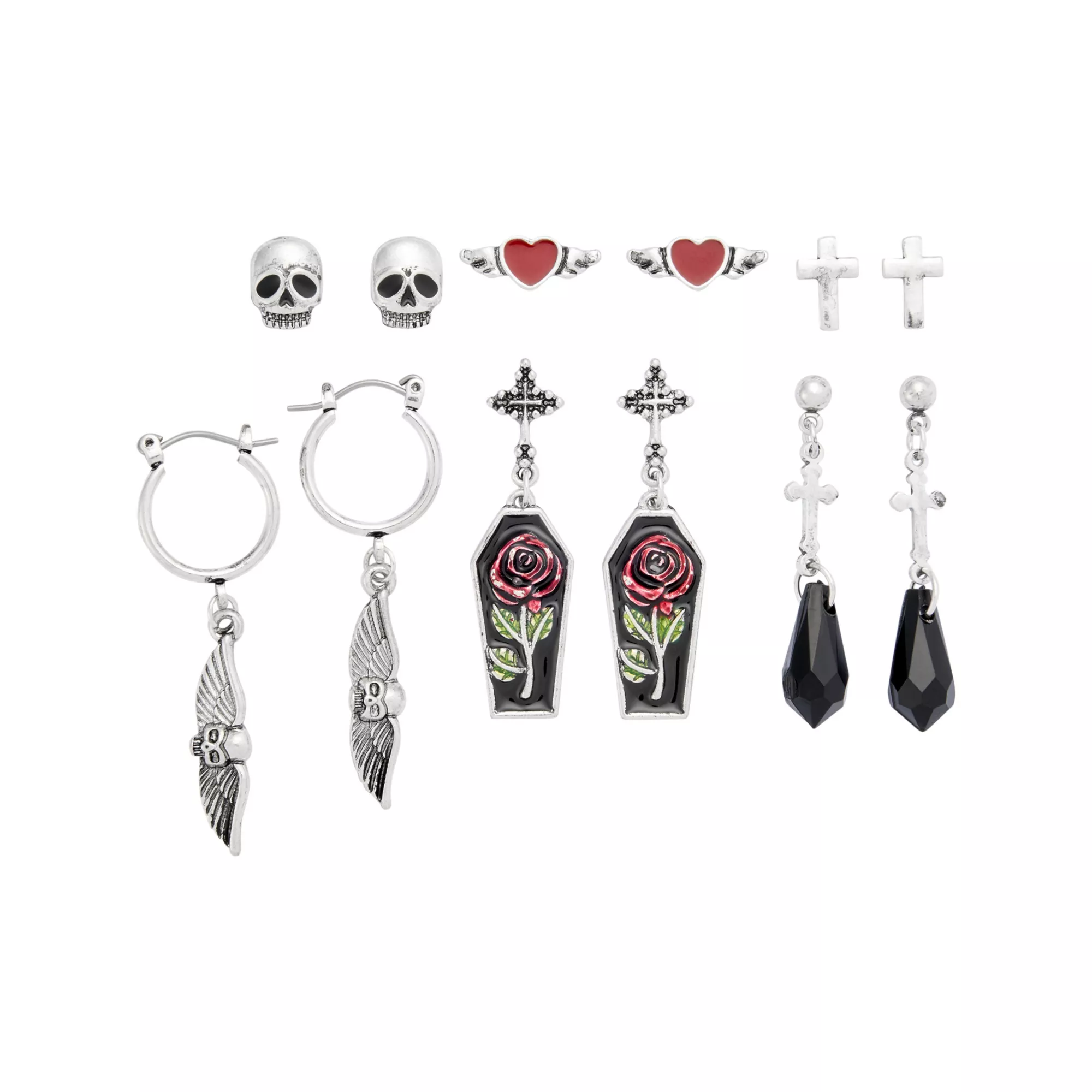Multi-Pack Rose Coffin Skull Earrings - 6 Pair