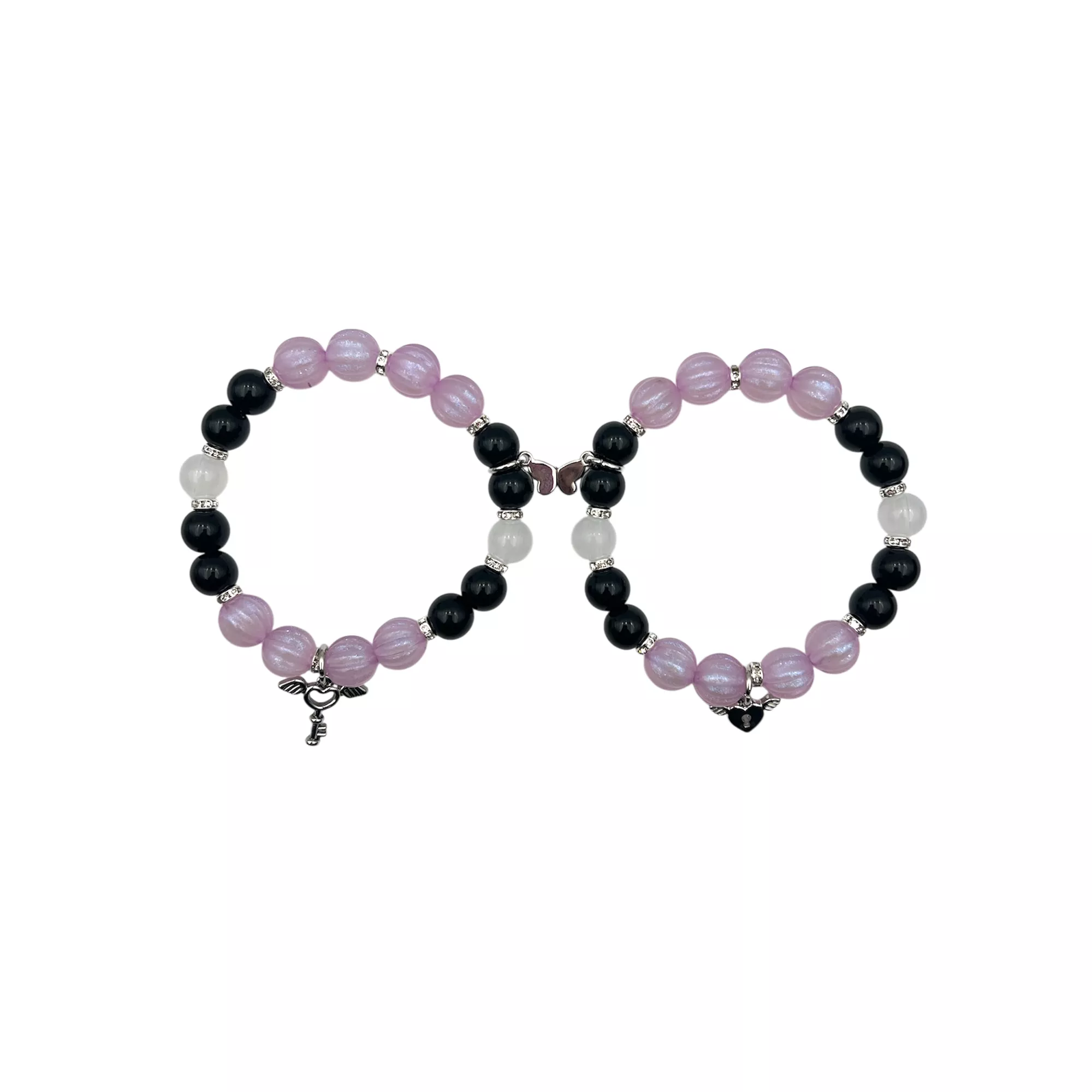 Black and Purple Heart Lock and Key Magnetic Long Distance Bracelets - 2 Pack