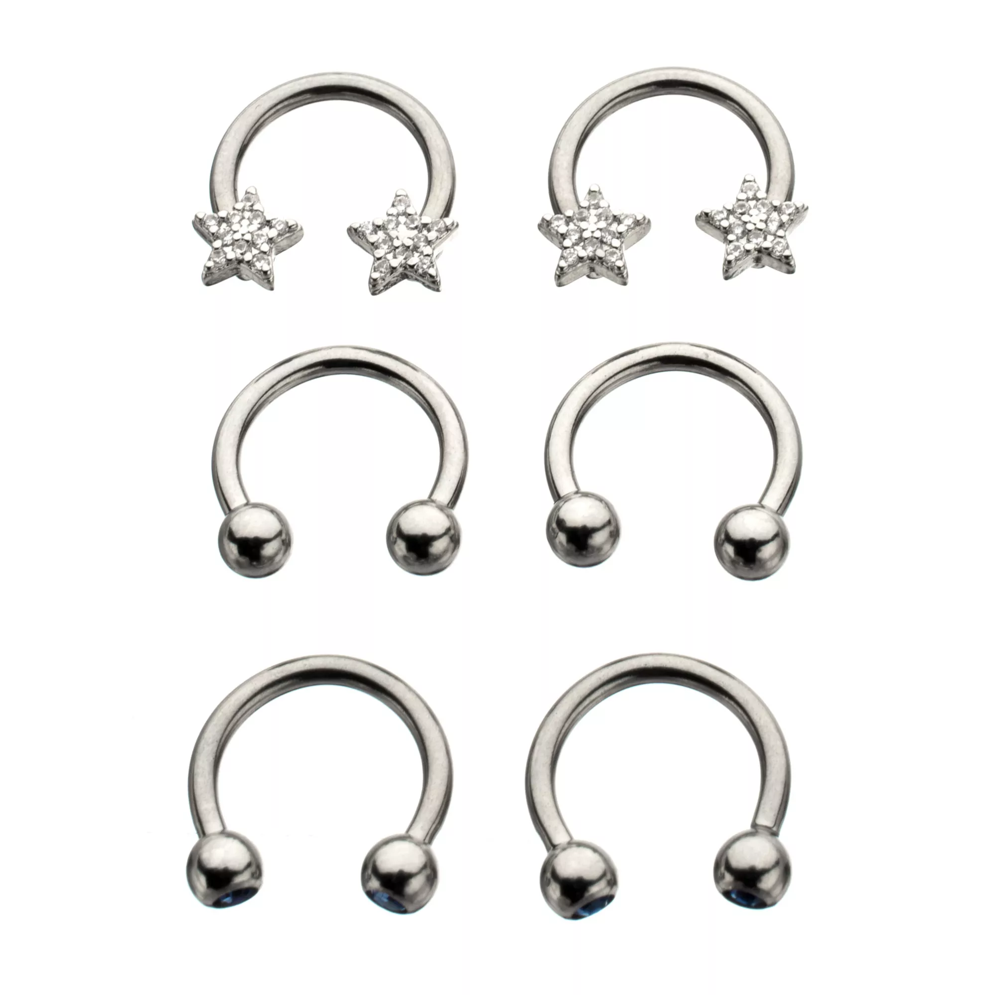 Multi-Pack CZ Star Basic Horseshoe Rings 3 Pair - 14 Gauge
