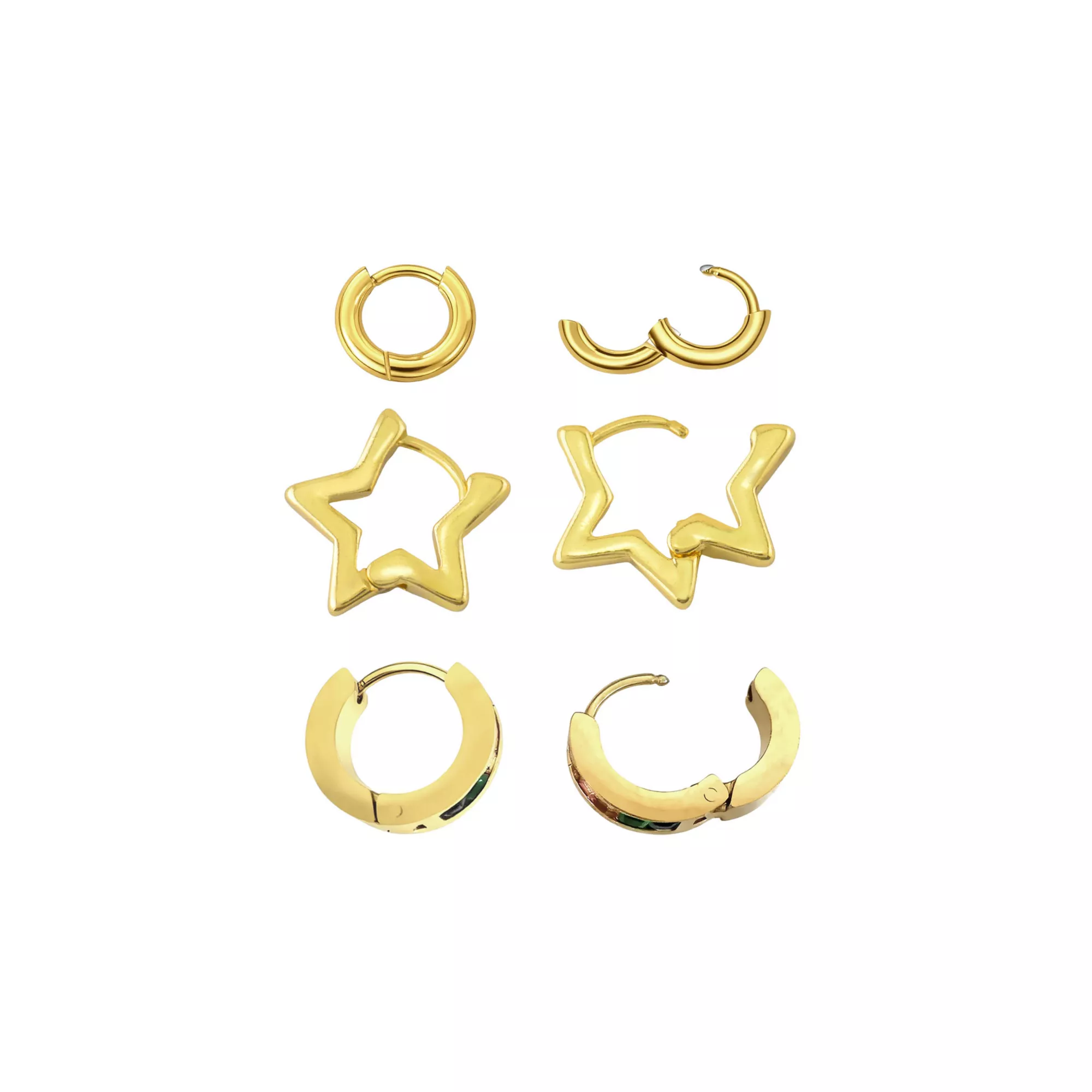 Multi-Pack Rainbow CZ Star Gold-Tone Huggie Hoop Earrings 3 Pair - 18 Gauge