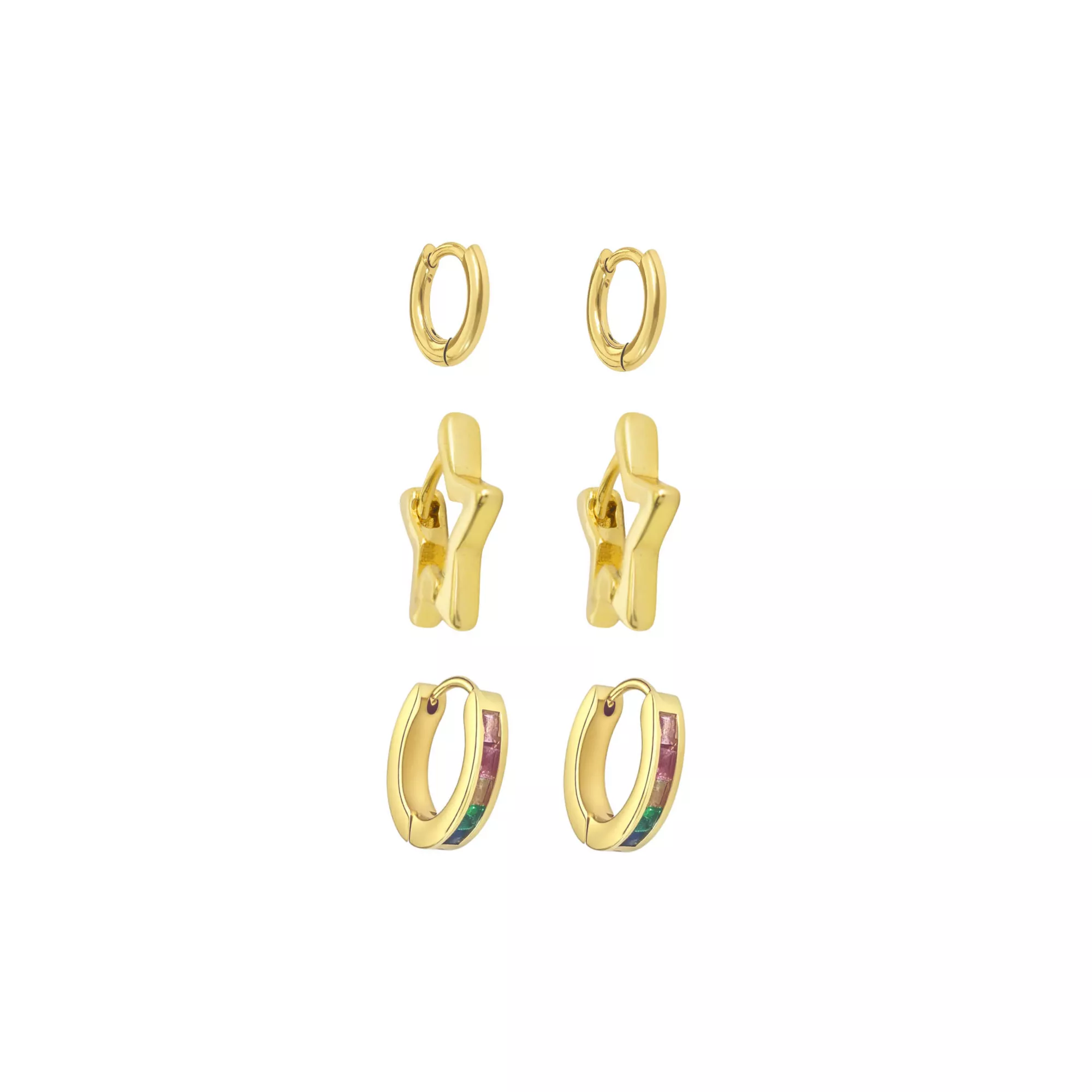 Multi-Pack Rainbow CZ Star Gold-Tone Huggie Hoop Earrings 3 Pair - 18 Gauge