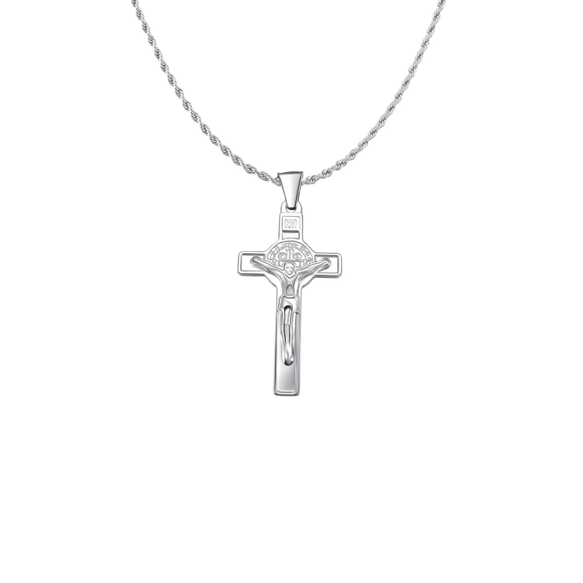 Silver-Tone Cross Pendant Rope Chain Necklace