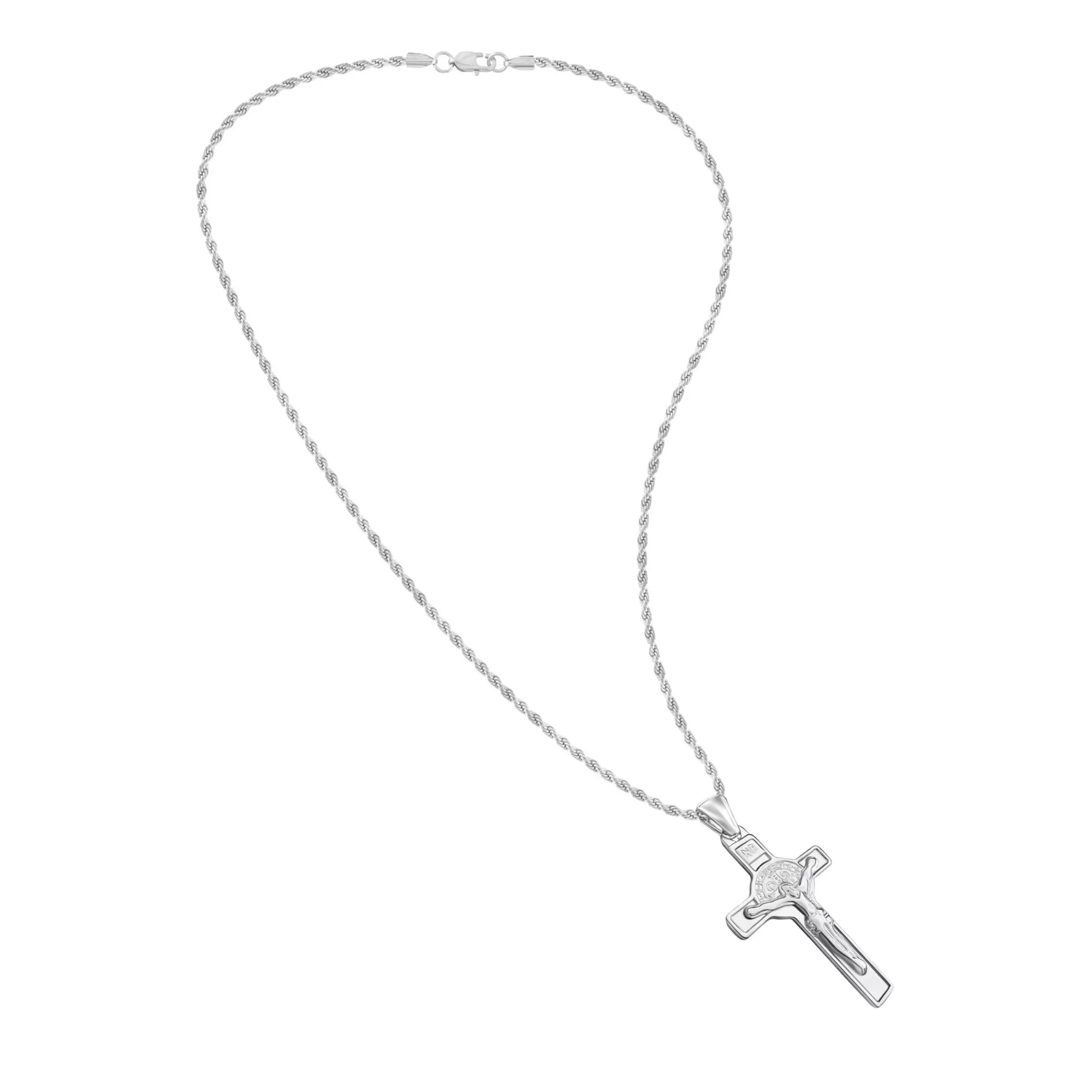 Silver-Tone Cross Pendant Rope Chain Necklace