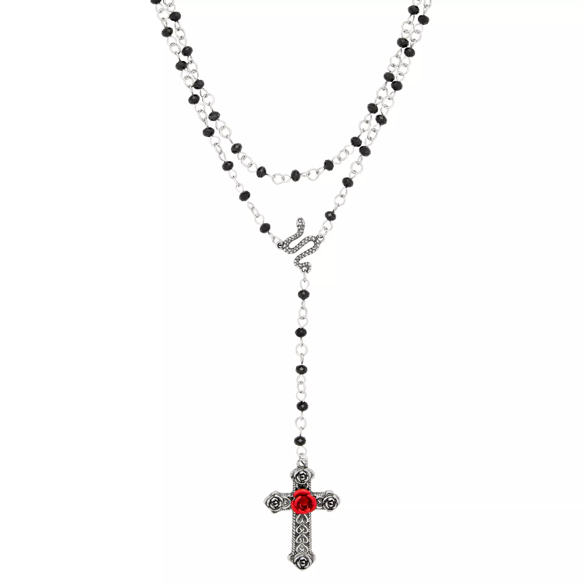 Black Snake Rosary Cross Layered Necklace Set