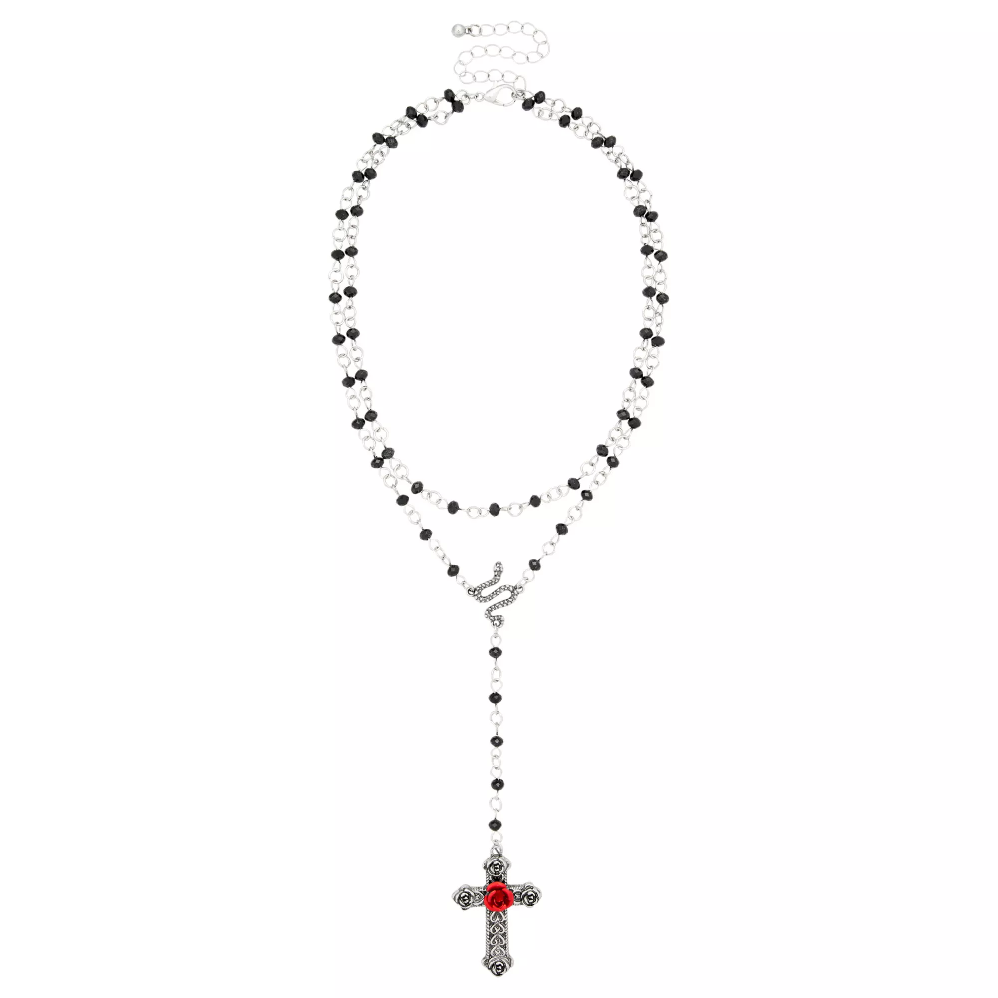 Black Snake Rosary Cross Layered Necklace Set
