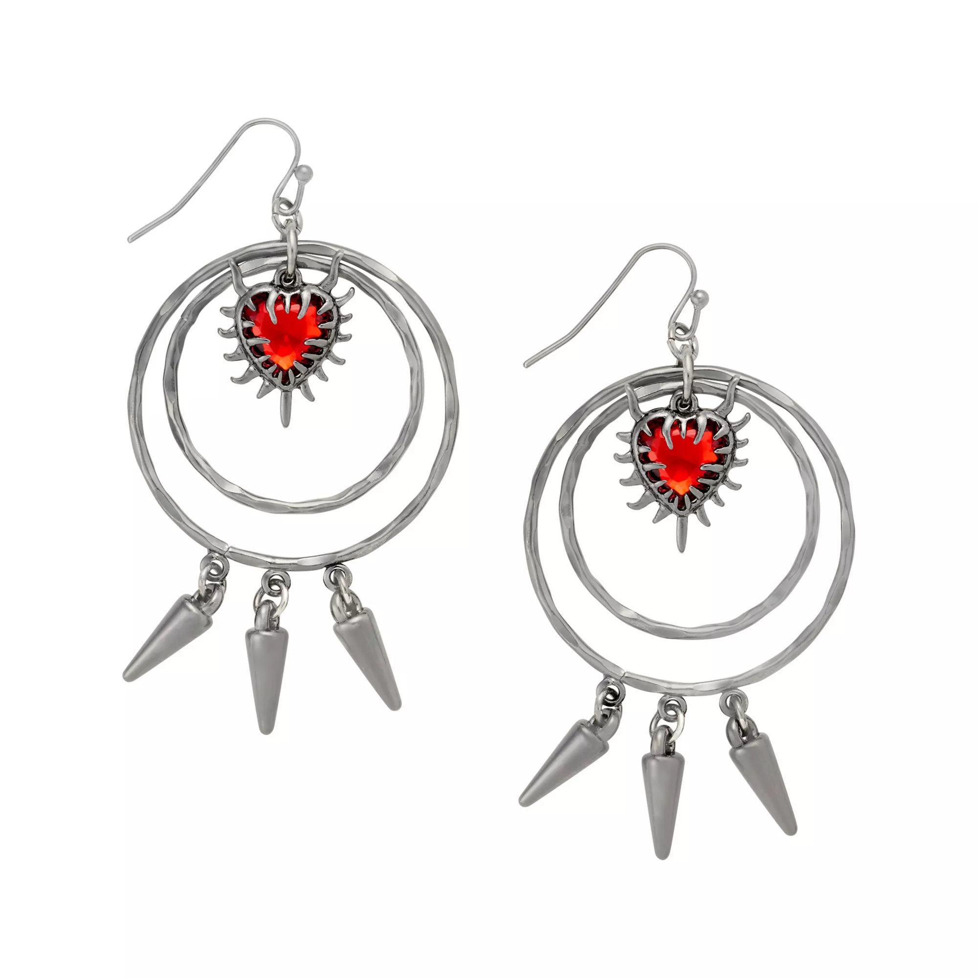 Red Heart Spike Dangle Hoop Earrings