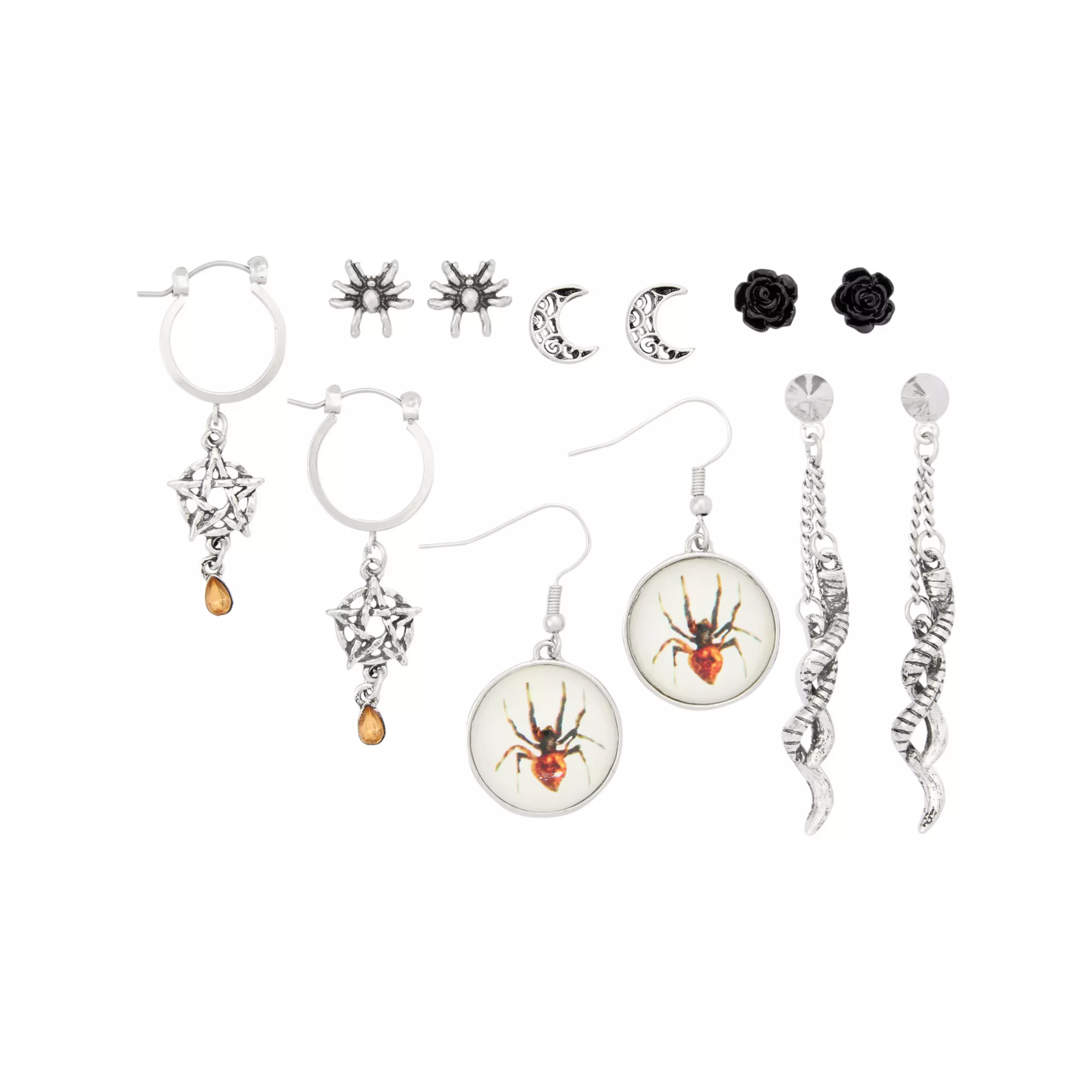 Multi-Pack Spider and Pentagram Mixed Earrings - 6 Pair