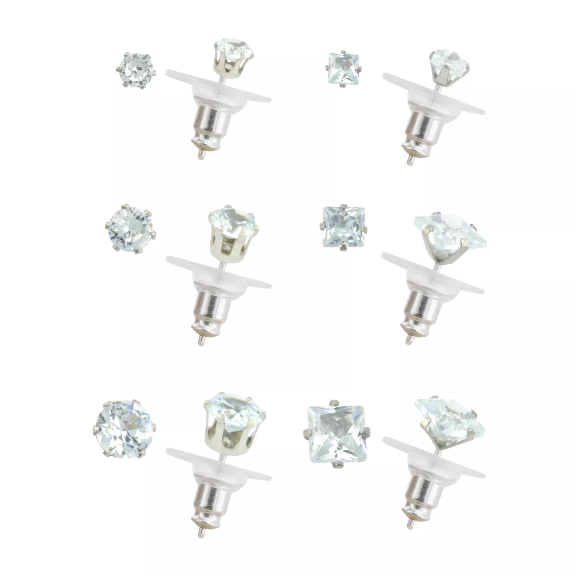 Multi-Pack Gold-Plated CZ Round and Square Stud Earrings 6 Pairs - 20 Gauge