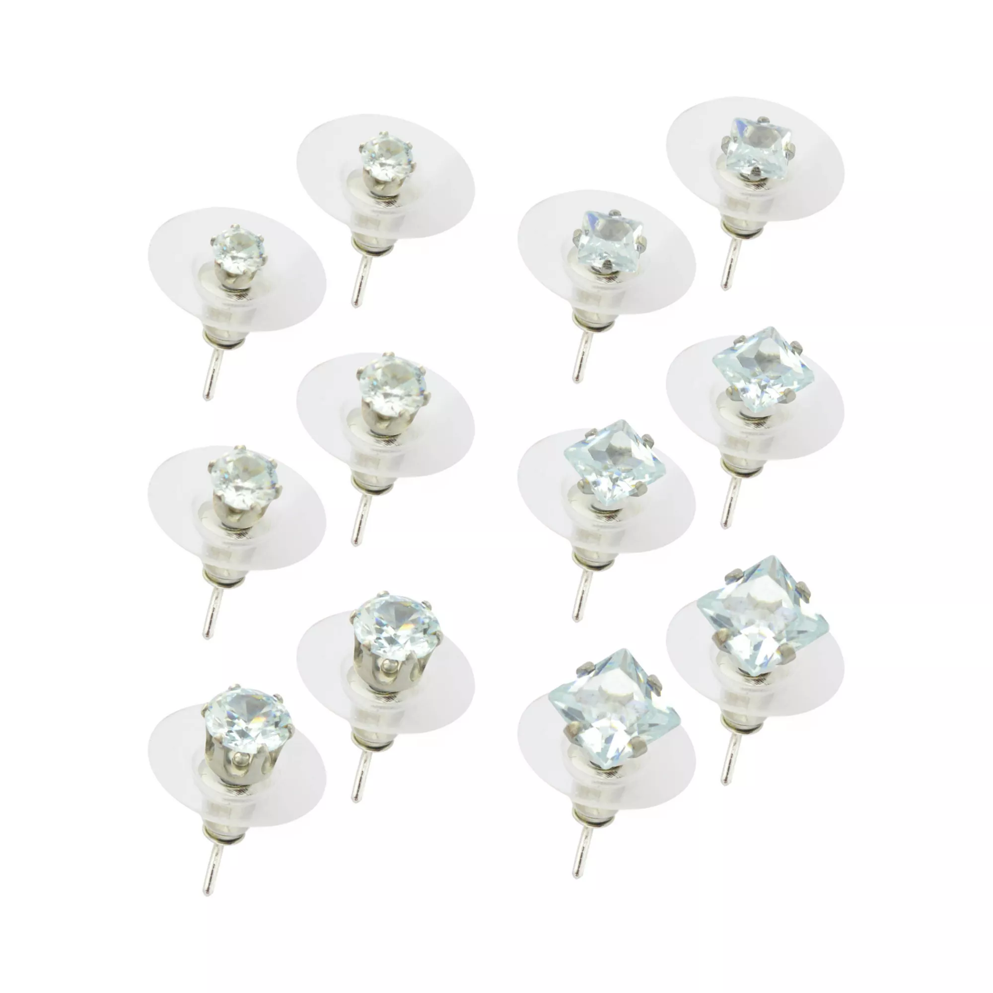 Multi-Pack Gold-Plated CZ Round and Square Stud Earrings 6 Pairs - 20 Gauge