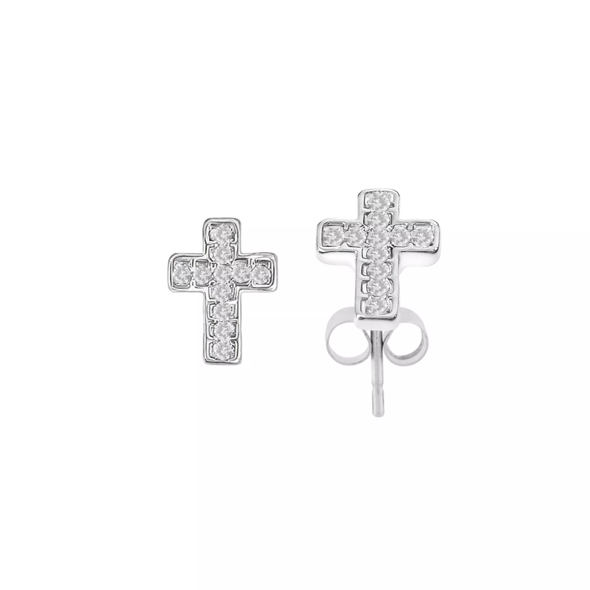 CZ Pavé Cross Silver-Tone Stud Earrings - 20 Gauge at Spencer's