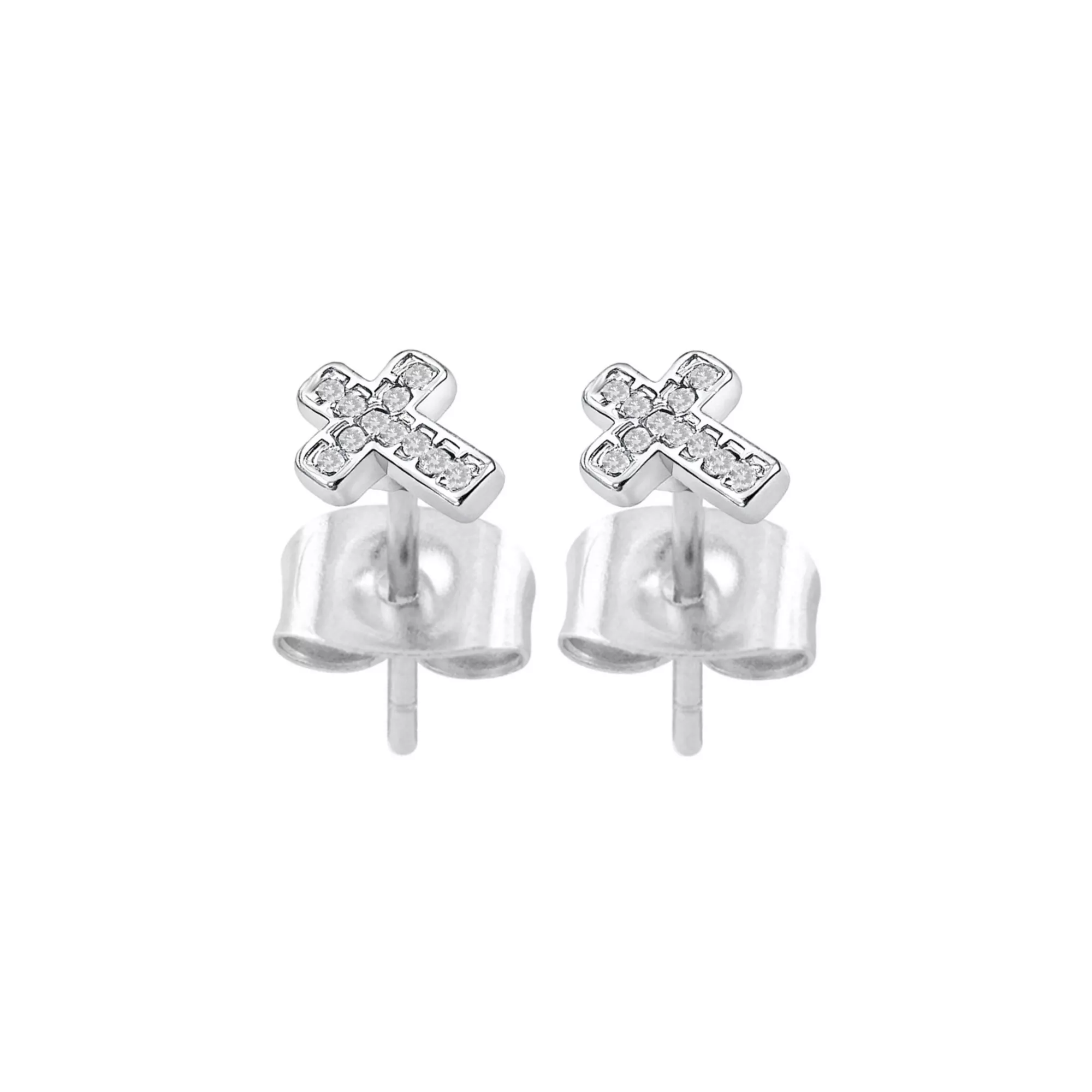 CZ Pavé Cross Silver-Tone Stud Earrings - 20 Gauge at Spencer's