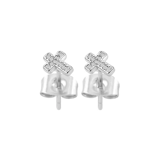 CZ Pavé Cross Silver-Tone Stud Earrings - 20 Gauge at Spencer's