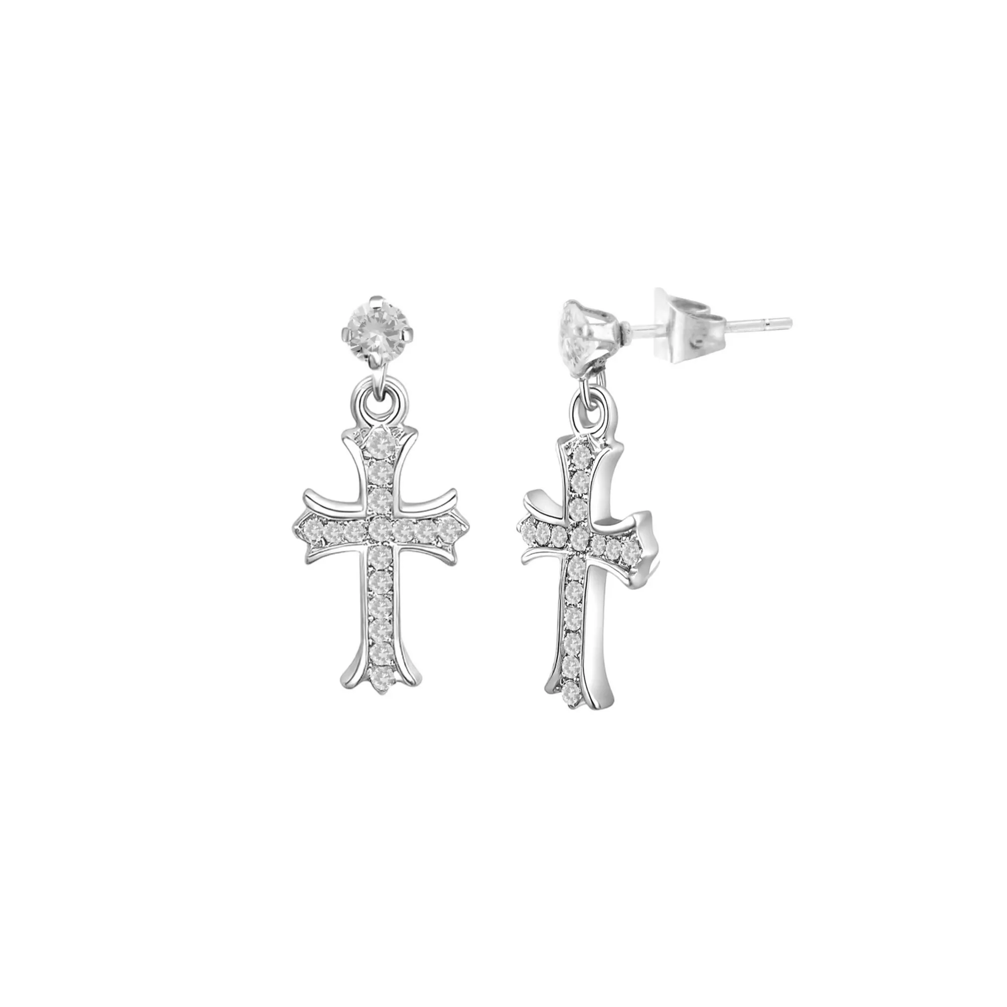 CZ Silver-Tone Byzantine Cross Dangle Stud Earrings - 20 Gauge