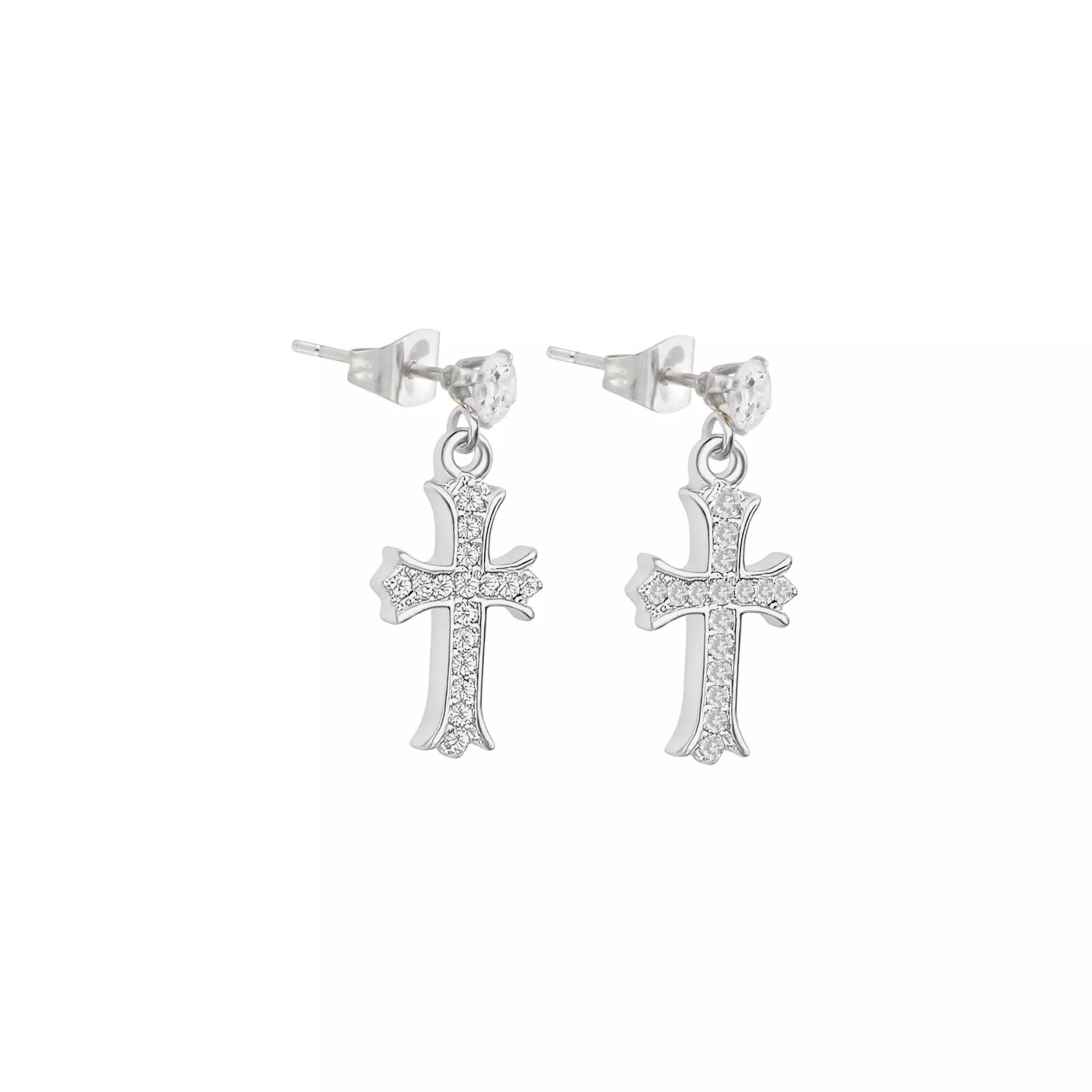 CZ Silver-Tone Byzantine Cross Dangle Stud Earrings - 20 Gauge