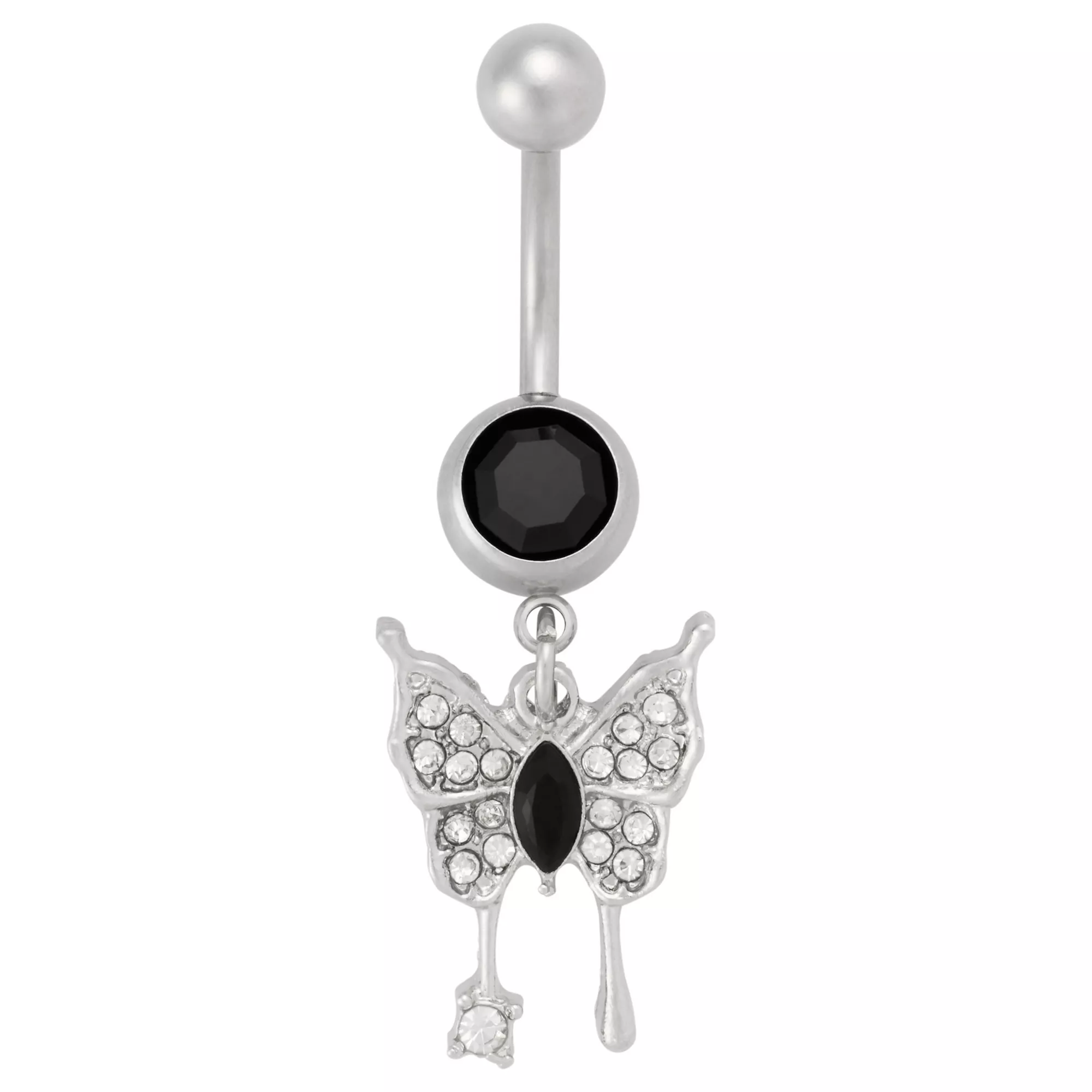 CZ Silver-Tone Black Gem Titanium Dangle Belly Ring - 14 Gauge at Spencer's