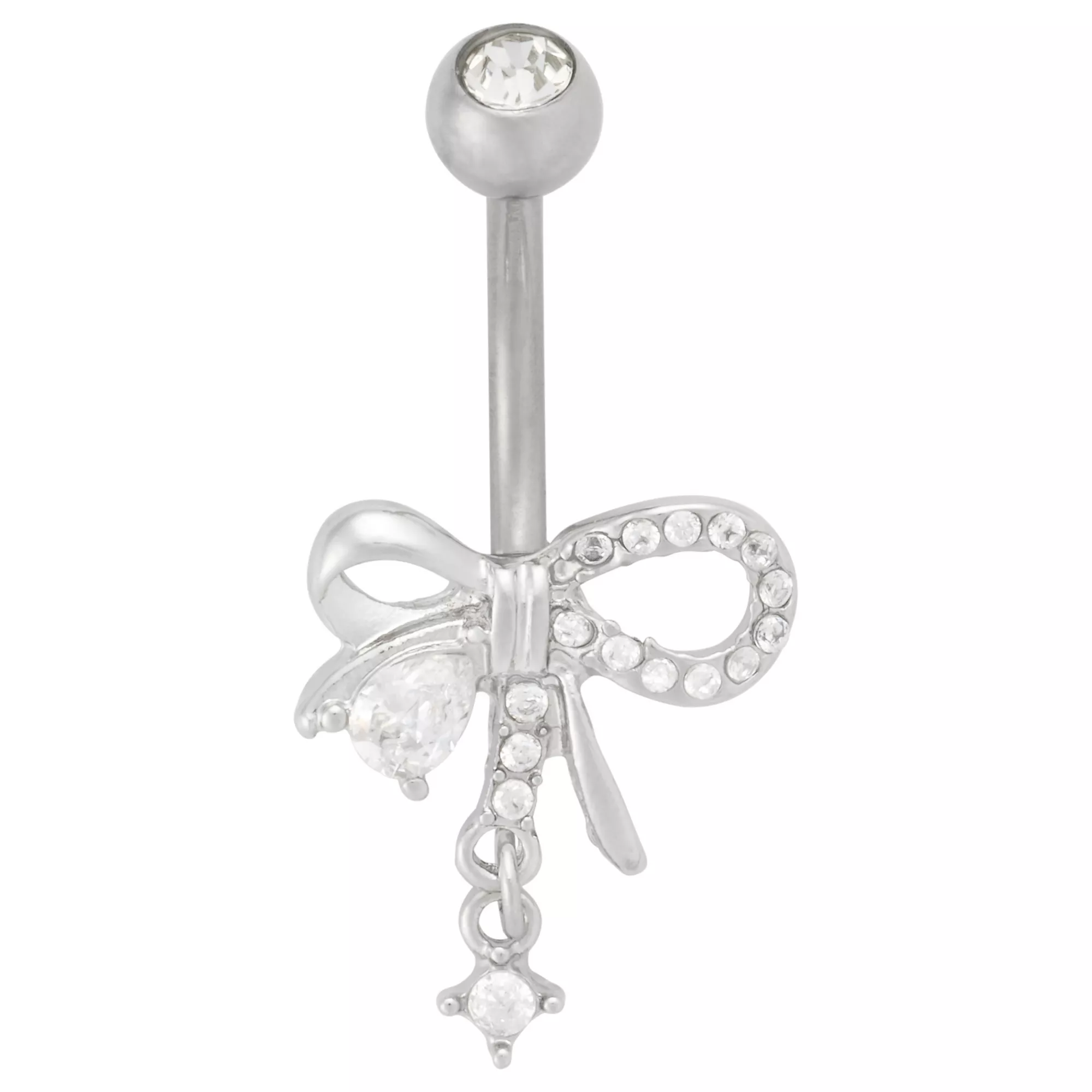 CZ Silver-Tone Titanium Gemstone Bow Dangle Belly Ring - 14 Gauge at Spencer's
