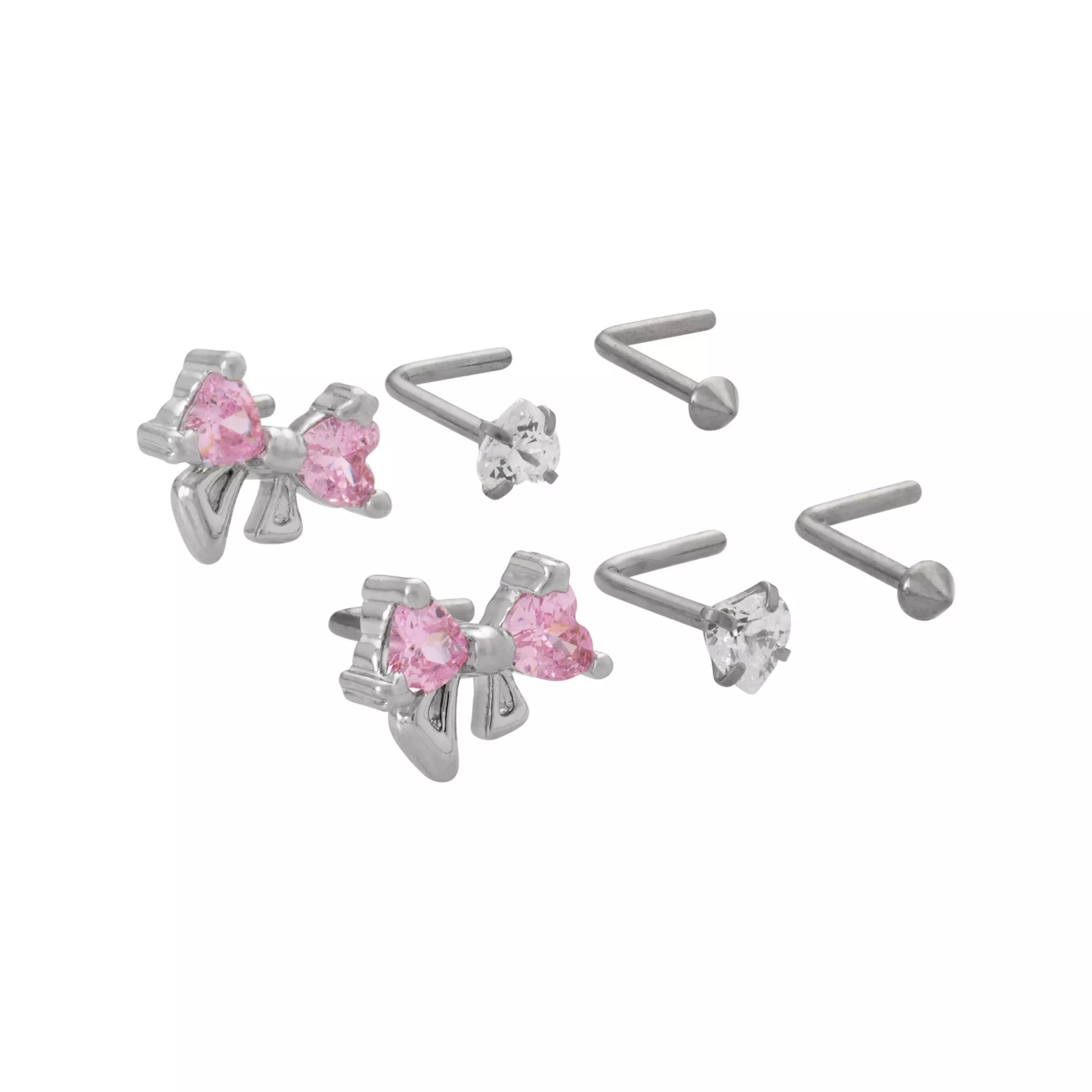 Multi-Pack Clear and Pink CZ Bow Heart Silver-Tone L-Bend Nose Pins 6 Pack - 20 Gauge