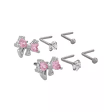 Multi-Pack Clear and Pink CZ Bow Heart Silver-Tone L-Bend Nose Pins 6 Pack - 20 Gauge at Spencer's