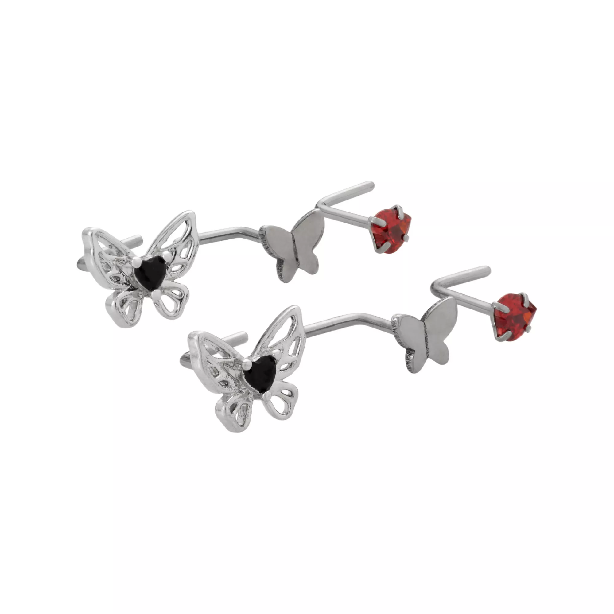 Multi-Pack Black Red CZ Butterfly Titanium L-Bend Nose Rings 6 Pack - 20 Gauge at Spencer's
