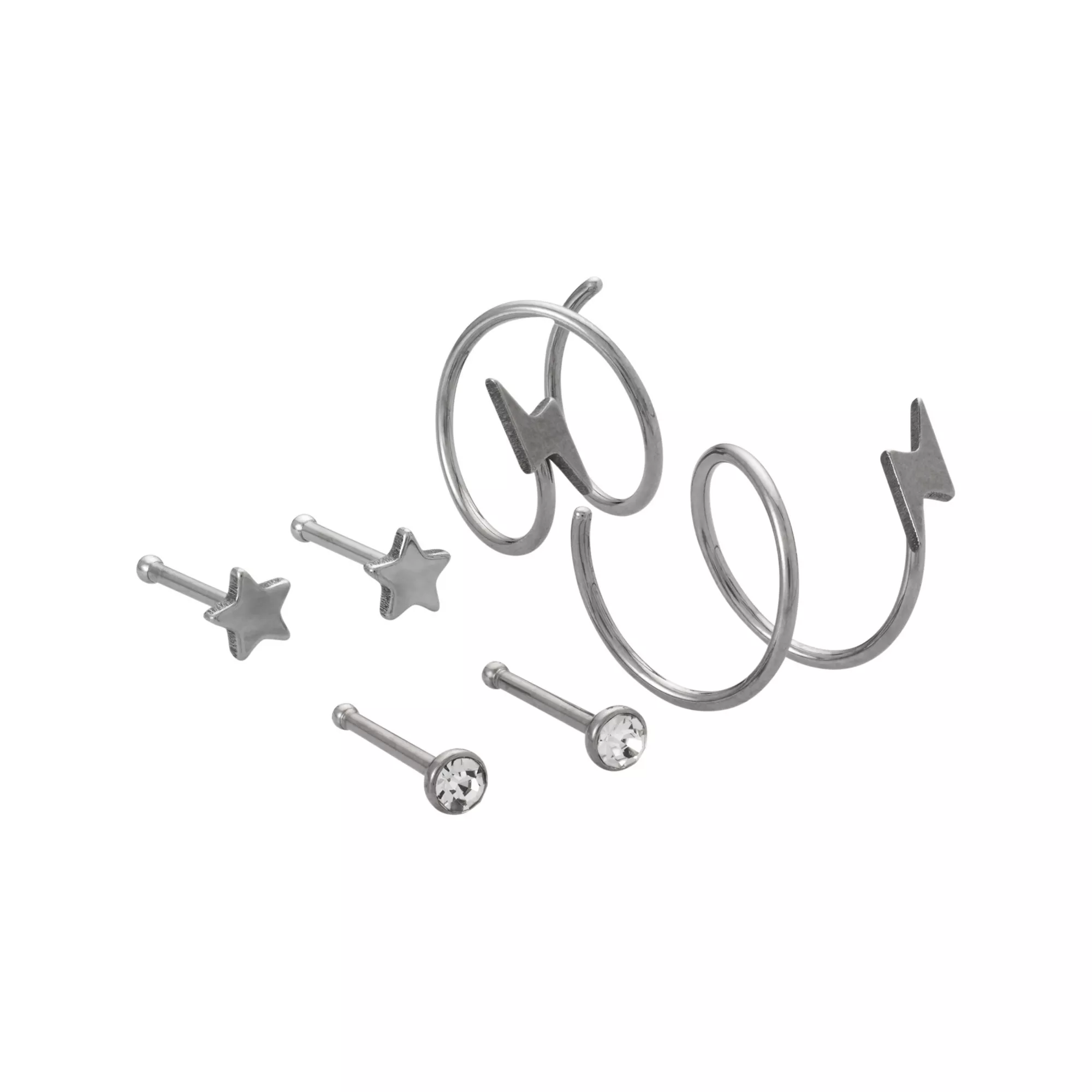Clear Glass Round Star and Lightning Bolt Spiral Nose Silver-Tone Titanium Hoops and Pins 6 Pack - 20 Gauge at Spencer's