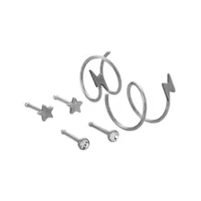 Clear Glass Round Star and Lightning Bolt Spiral Nose Silver-Tone Titanium Hoops and Pins 6 Pack - 20 Gauge at Spencer's