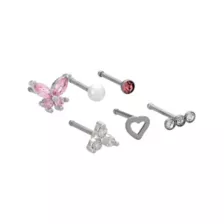 Multi-Pack Clear Pink CZ Butterfly Silver-Tone Titanium Nose Pins 6 Pack - 20 Gauge at Spencer's