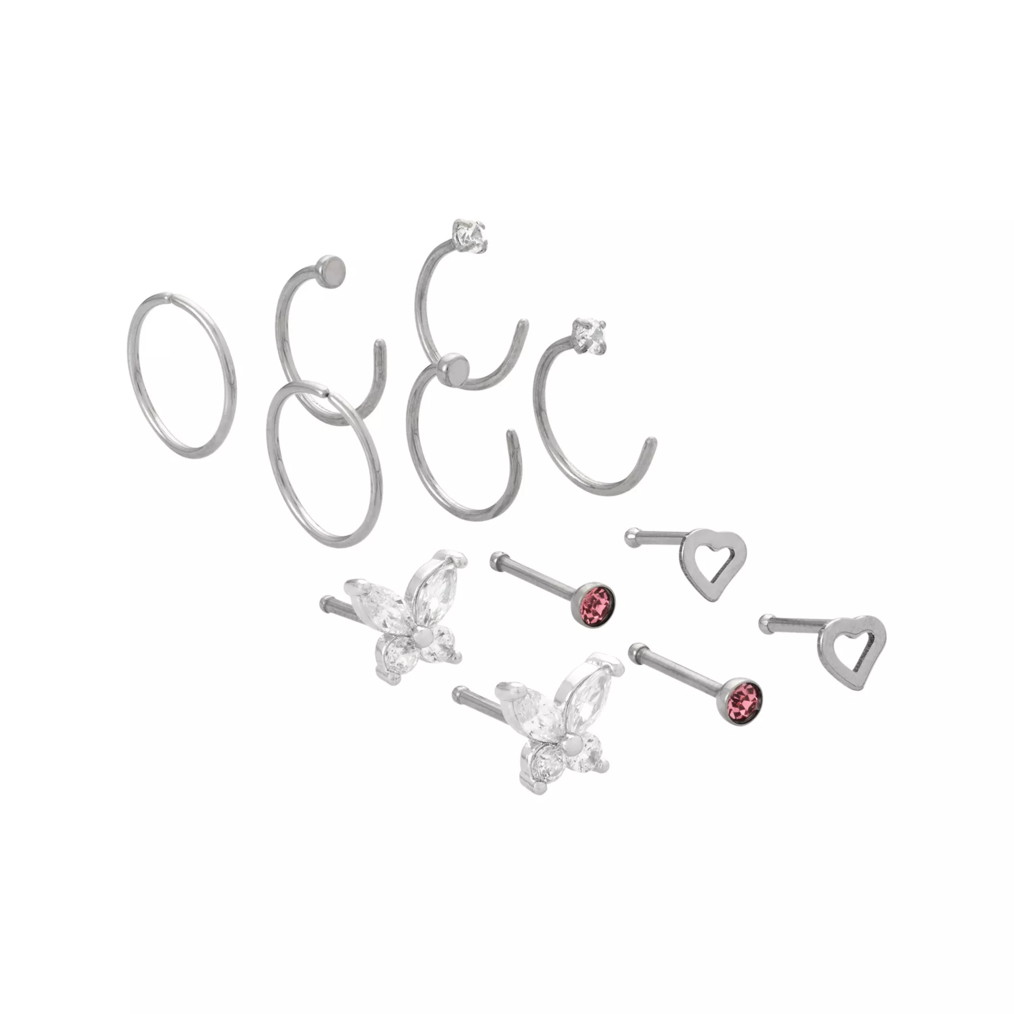 Multi-Pack Clear Pink CZ Butterfly Heart Silver-Tone Titanium Nose Pins and Hoops 12 - 20 Gauge at Spencer's
