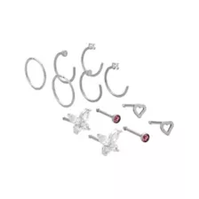 Multi-Pack Clear Pink CZ Butterfly Heart Silver-Tone Titanium Nose Pins and Hoops 12 - 20 Gauge at Spencer's