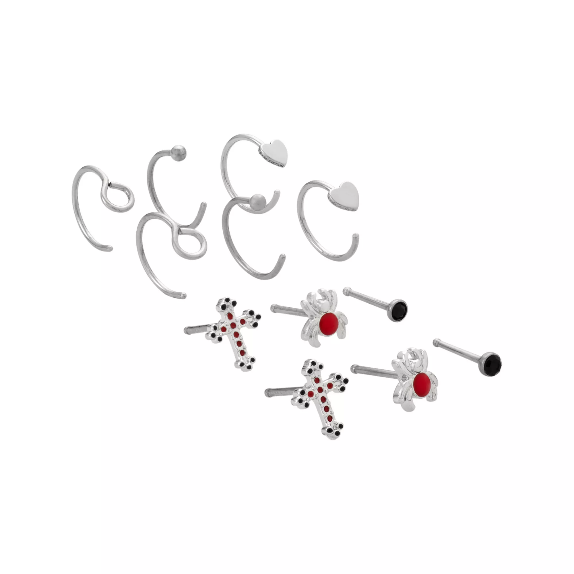 Multi-Pack Black Glass Cross and Spider Silver-Tone Titanium Nose Pins and Hoops 12 Pack - 20 Gauge at Spencer's