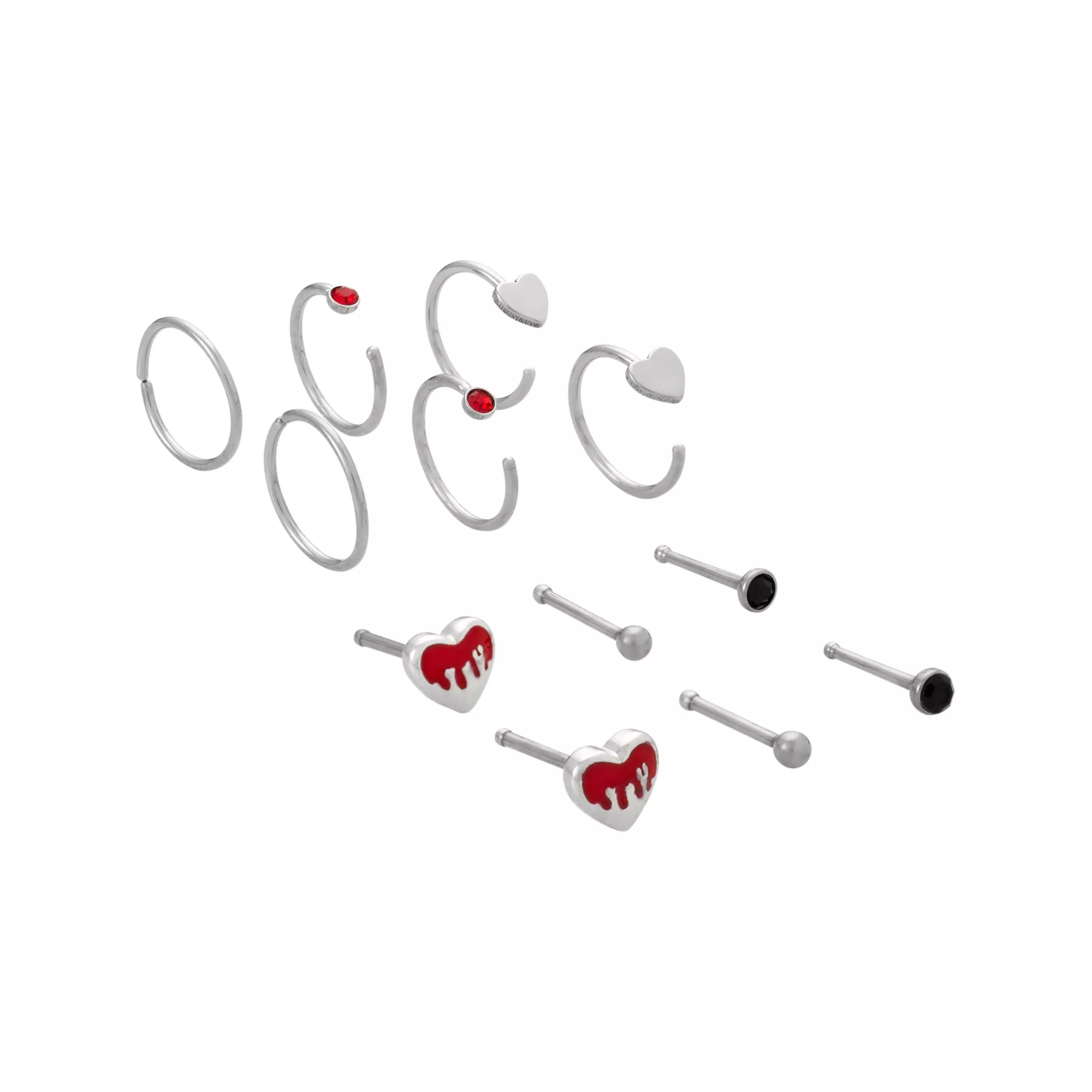 Multi-Pack Black and Red Glass Heart Silver-Tone Titanium Nose Pins and Hoops 12 Pack - 20 Gauge at Spencer's