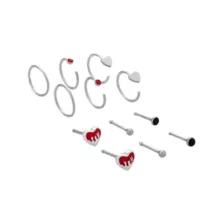 Multi-Pack Black and Red Glass Heart Silver-Tone Titanium Nose Pins and Hoops 12 Pack - 20 Gauge at Spencer's