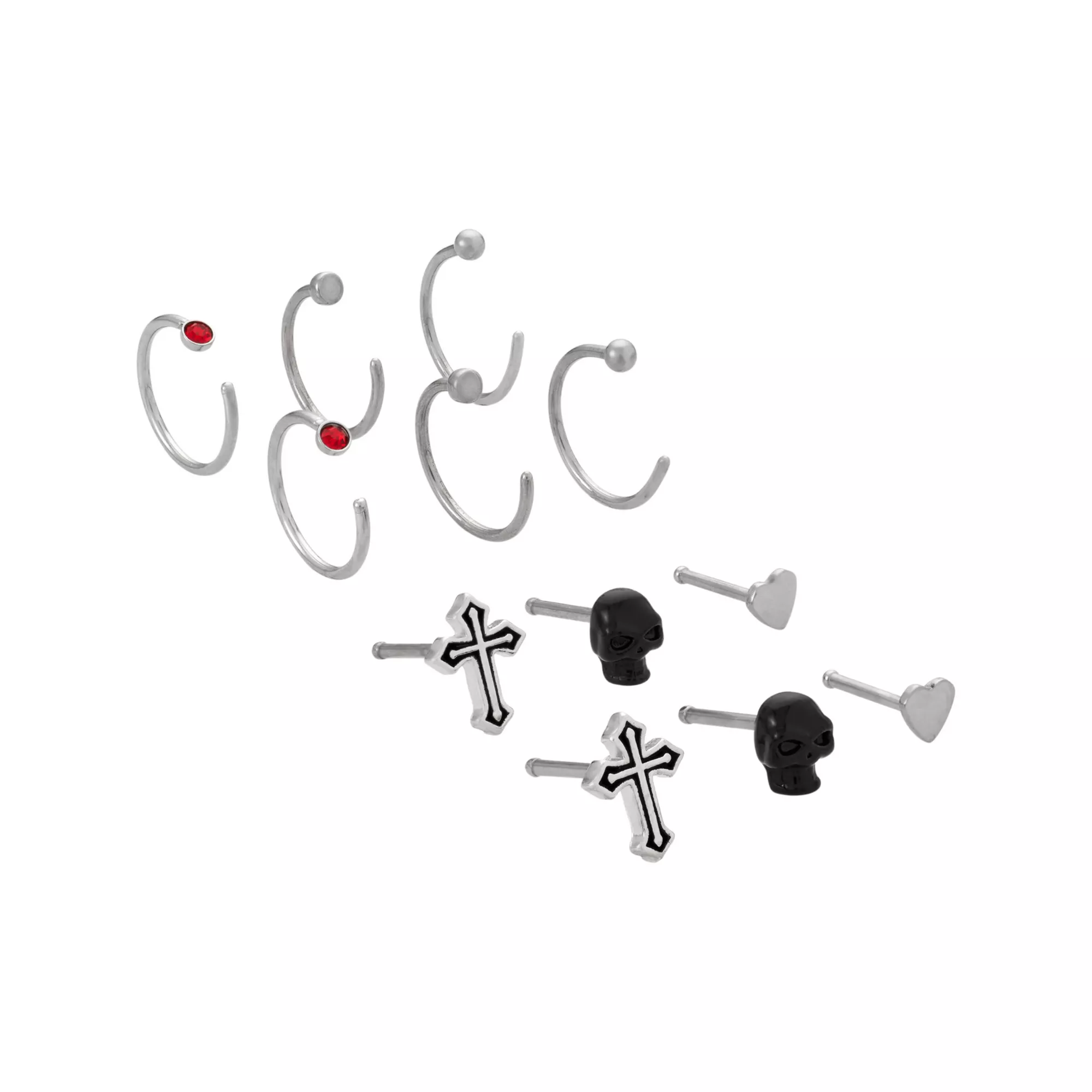 Multi-Pack Black Glass Cross and Skull Silver-Tone Titanium Nose Pins and Hoops 12 Pack - 20 Gauge at Spencer's